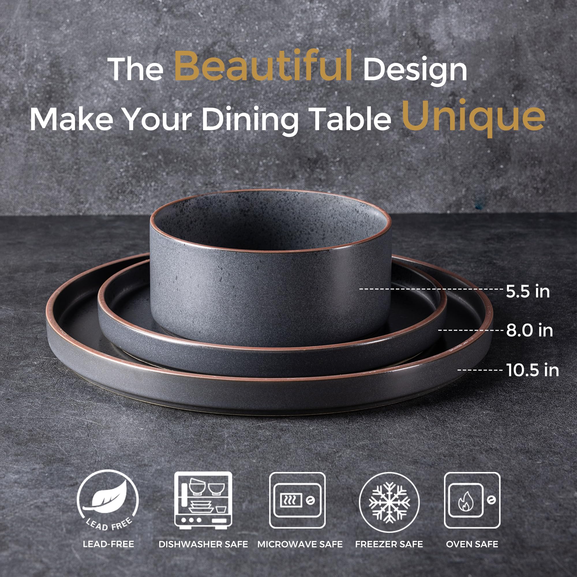 Premium 6-Piece Ceramic Dinnerware Set - Durable Stoneware Plates & Bowls, Chip & Crack Resistant | Oven, Microwave & Dishwasher Safe | Elegant Ashen Color | Perfect for Family Dinners, Entertaining Guests & Everyday Use