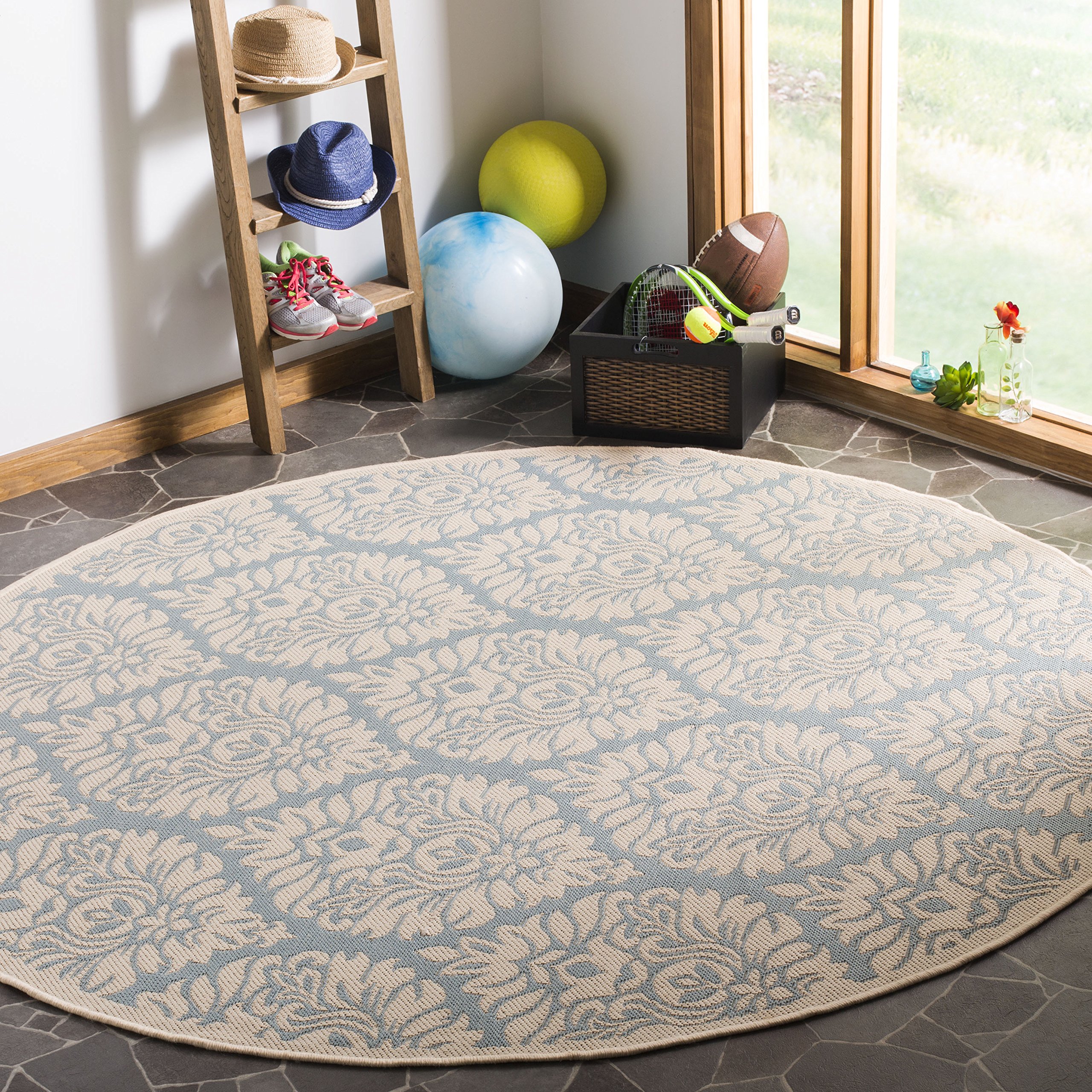 SAFAVIEH Linden Collection 6'7'' Round Aqua & Cream Area Rug - Indoor/Outdoor Non-Shedding Easy-Clean Damask Ogee Design - Perfect for Patio, Backyard, Porch, Deck & Mudroom Decor