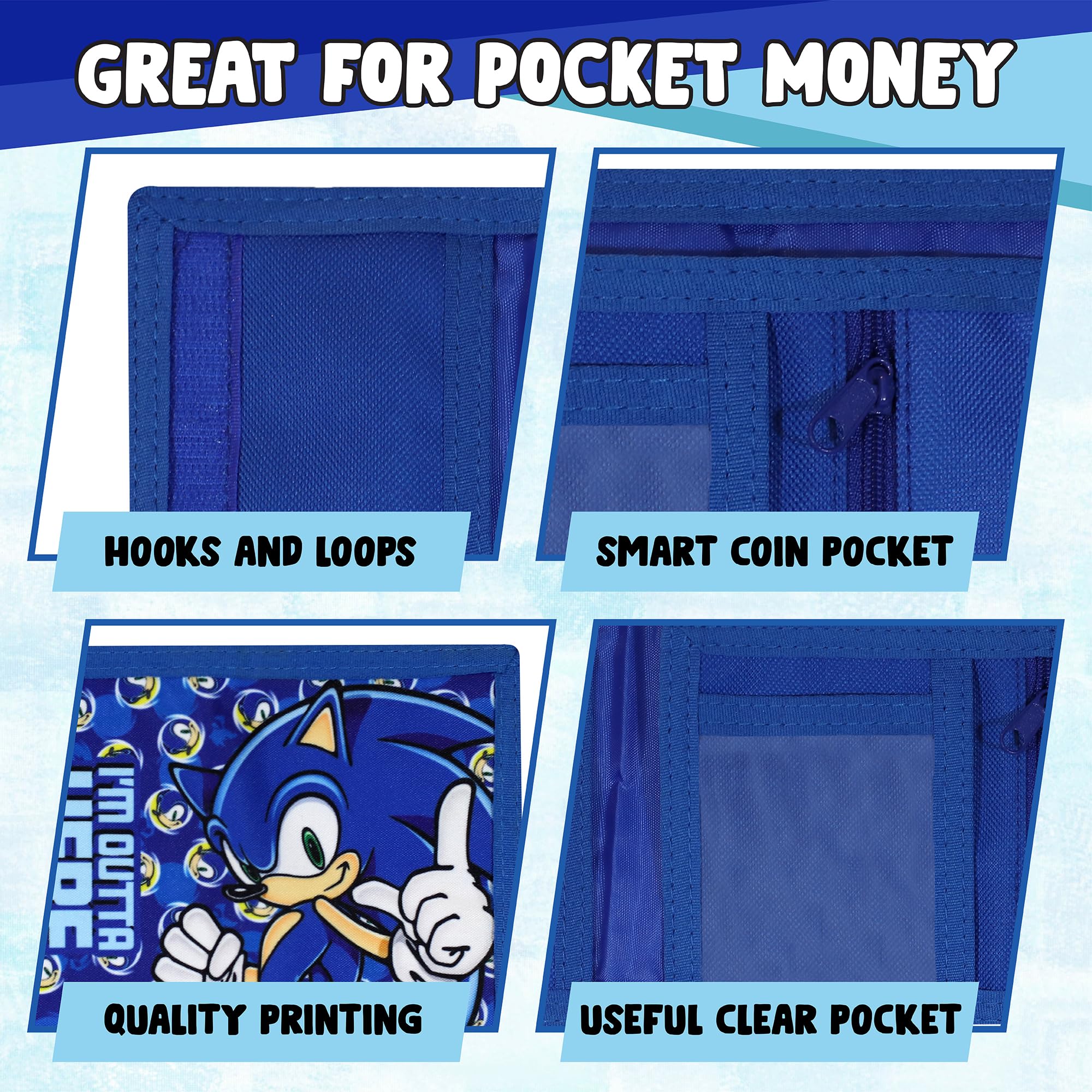 Sonic The Hedgehog Wallet for Kids - Boys and Girls Trifold Canvas Purse with Hook & Loop Closure, Zip Pocket & Coin Holder - Perfect for School, Travel, and Everyday Use