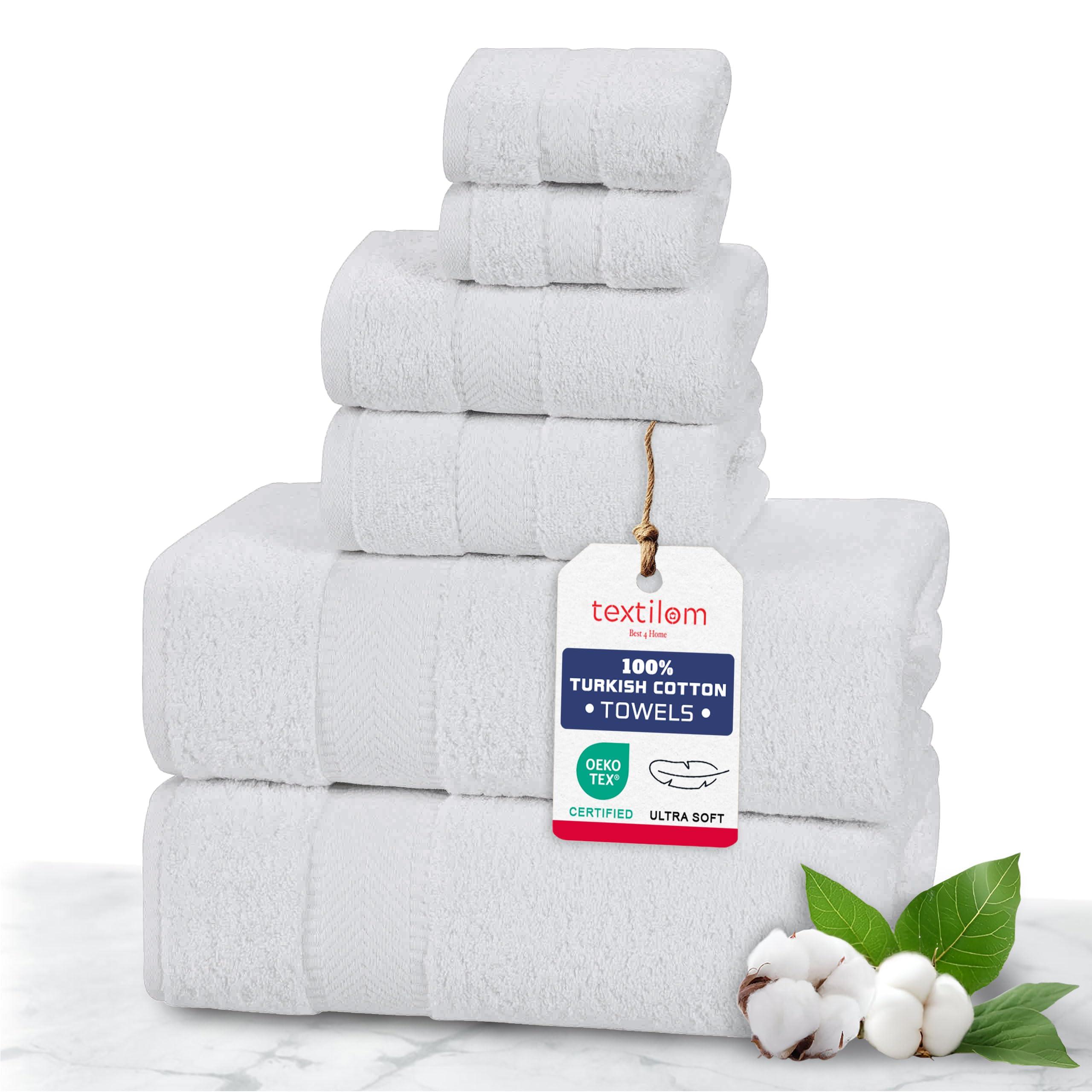 Premium 6-Piece Turkish Cotton Bath Towel Set - 100% Organic Cotton, Ultra Soft & Highly Absorbent - Includes 2 Bath Towels, 2 Hand Towels, 2 Washcloths (White) - Perfect for Spa, Hotel, and Luxury Home Bathroom Use