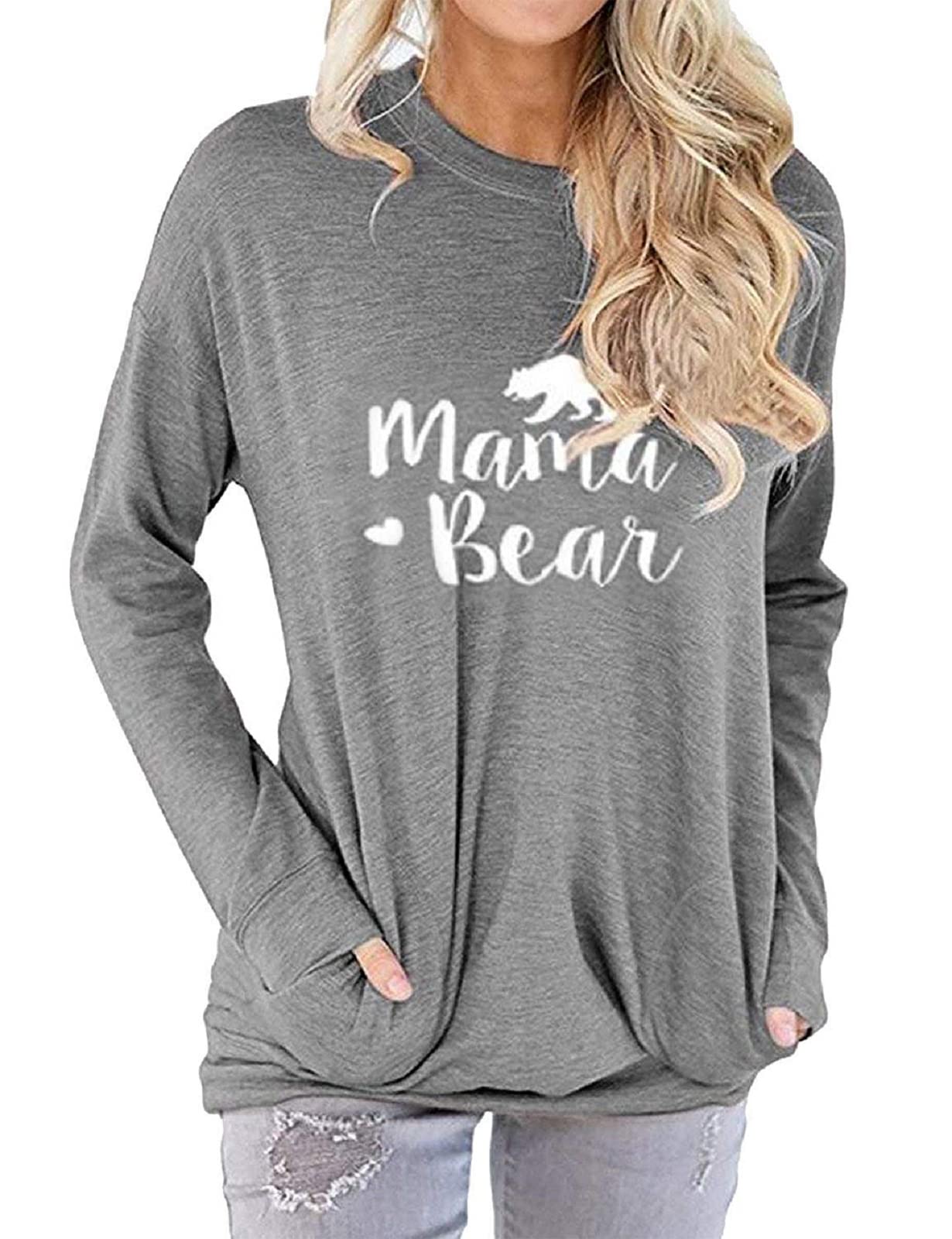 Vaise Women's Mama Bear Shirt - Cozy Long Sleeve Tunic Top with Pockets | Casual Pullover Sweatshirt for Moms | Perfect for Family Outings, School Pickups & Relaxing at Home