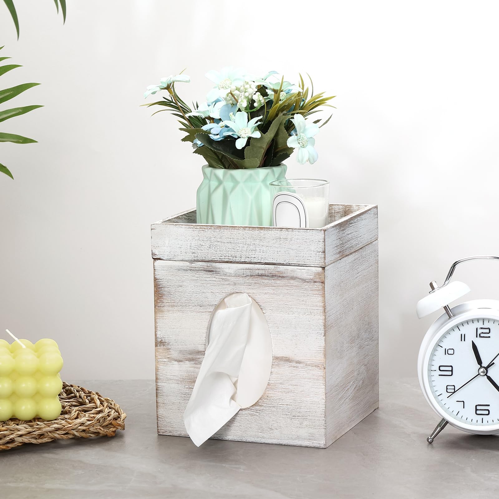 White Washed Solid Tissue Box Cover with Storage Tray - 6