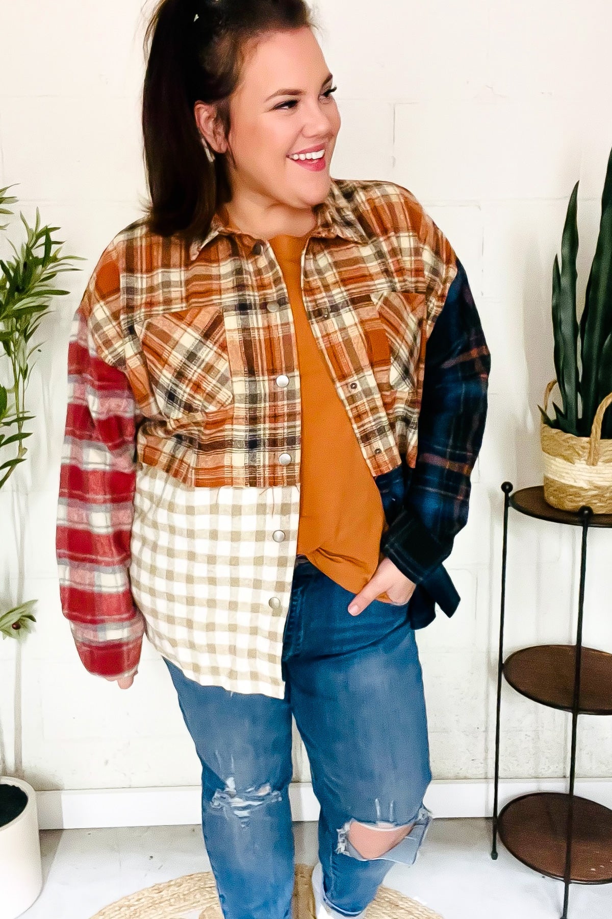 Stylish Multicolor Plaid Snap Button Shacket for Women - Trendy Fall & Winter Layering Piece for Casual Outfits and Outdoor Activities