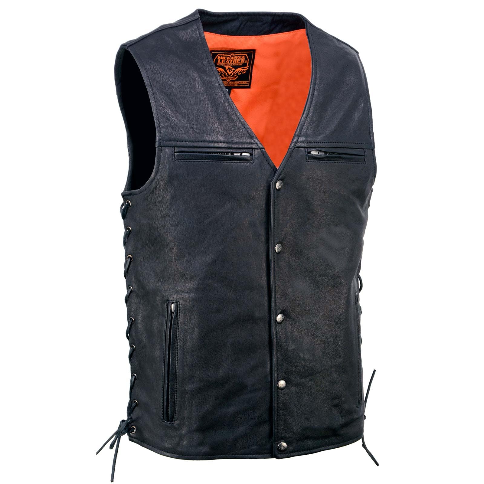 Milwaukee Premium Leather Motorcycle Vest for Men - Classic V-Neck Design, Medium Size | Durable Riding Gear for Bikers & Cruiser Enthusiasts