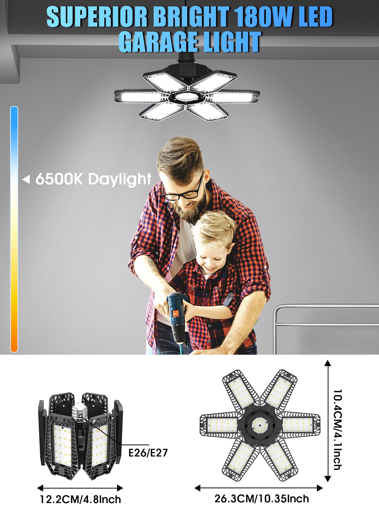 6 Pack LED Garage Lights - 180W 18000LM Deformable Panel Ceiling Lighting, 6500K Daylight White Shop Lights with E26/E27 Socket - Perfect for Workshop, Barn, Basement, Gym & Warehouse Lighting Solutions