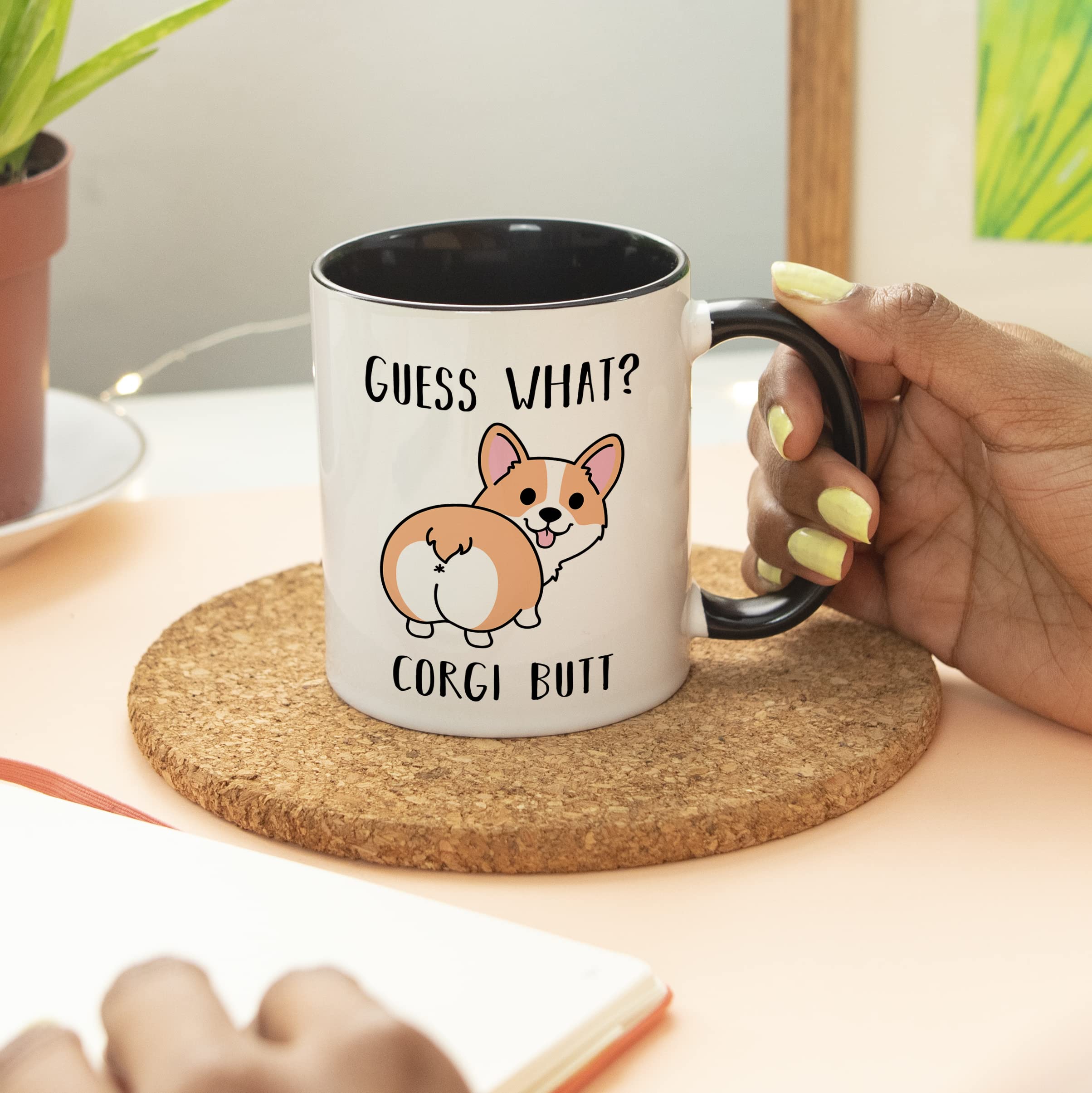 YouNique Designs Guess What Corgi Butt Mug - 11oz White Ceramic Coffee Cup with Black Handle - Perfect Corgi Lover Gift for Women - Funny Dog Gifts for Birthday, Christmas & Office Use