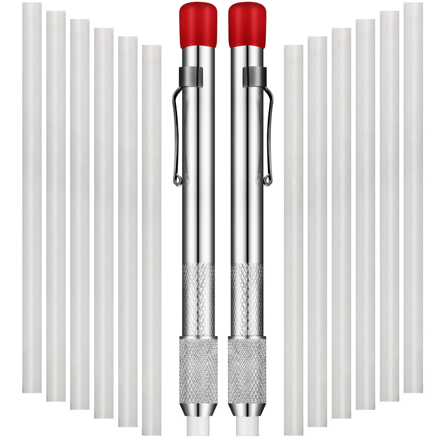 2-Piece Soapstone Pencil Holder Set with 12 Refills - Round Welding Marker & Chalk Pencil for Metal, Aluminum & Cast Iron - Removable Marking Tool for Construction, Metalworking & DIY Projects