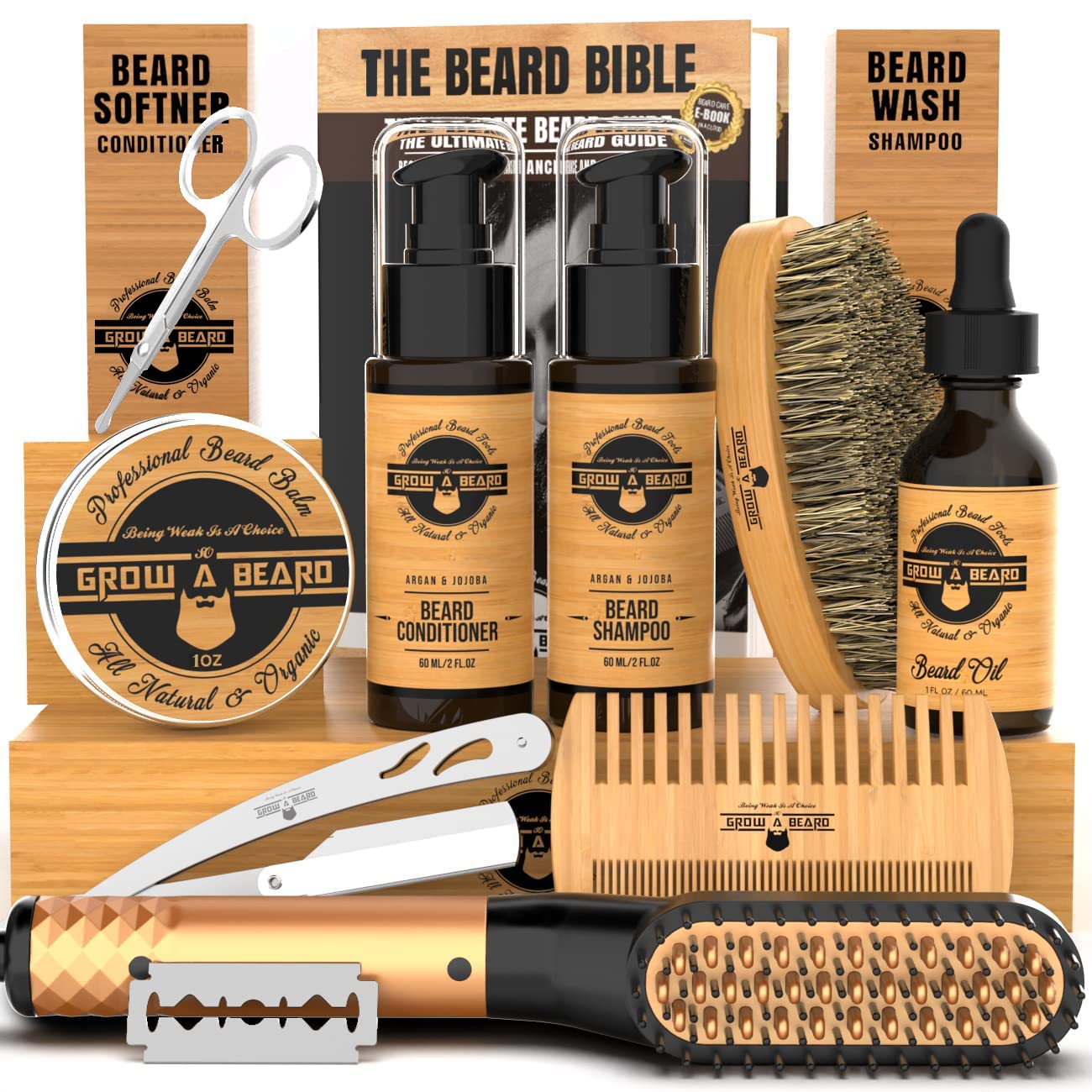 Premium Beard Straightener & Grooming Kit for Men - Natural Beard Growth Oil, Wash, Bamboo Brush & Comb, Unscented Balm, Conditioner, Razor & Scissors Set - Complete Beard Care Routine for Daily Styling & Special Occasions - Ideal Gift for Him