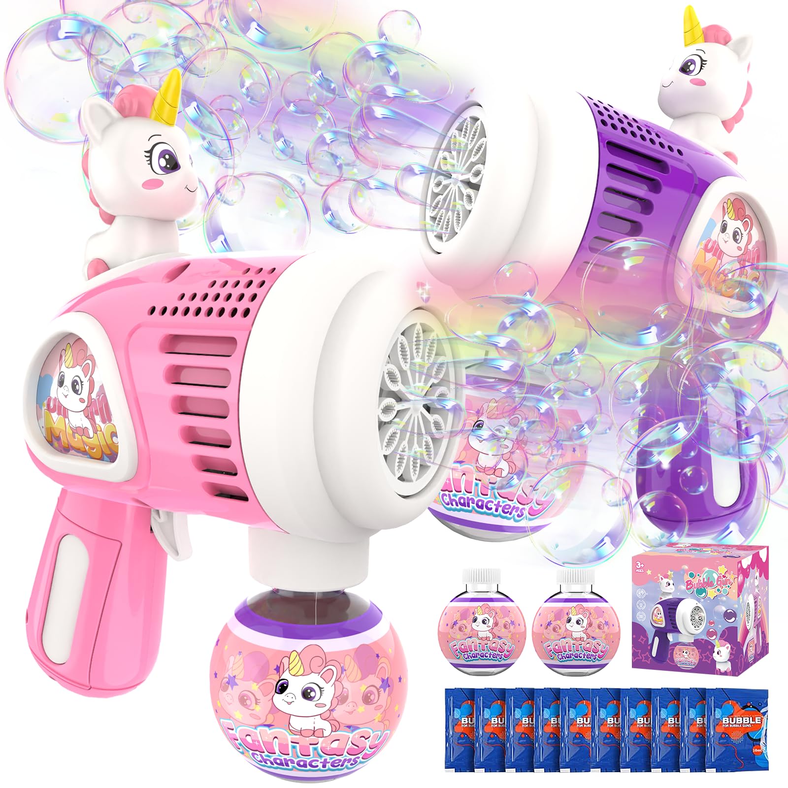 Unicorn Bubble Gun for Kids - 2 Pack Bubble Blaster Machine with LED Lights, Fun Birthday Party Favors & Outdoor Play Toys for Girls & Boys Ages 1-8 - Perfect for Birthday Parties, Backyard Fun & Summer Activities