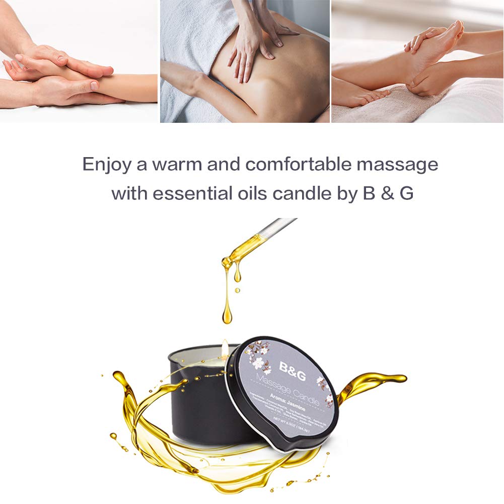 B & G Aromatherapy Massage Candle - 6.5Oz Moisturizing Scented Candle with Jasmine Essential Oil for Relaxation, Intimacy & Home Spa - Perfect for Couples Massage, Self-Care & Romantic Nights
