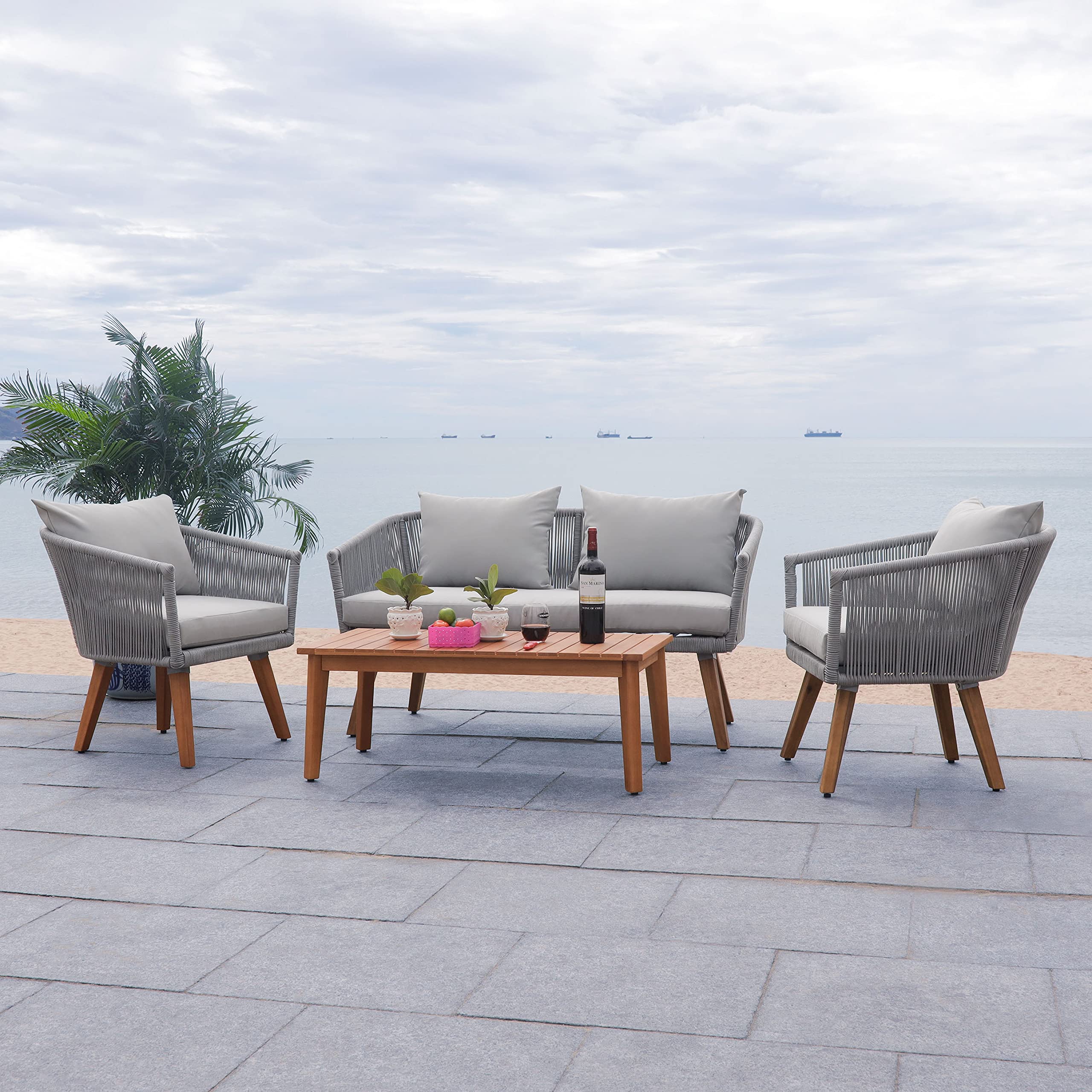 SAFAVIEH PAT7072A Outdoor Velso Rope 4-Piece Patio Set with Seat Cushions & Throw Pillows - Waterproof Garden Furniture for Backyard, Poolside or Deck - Perfect for Outdoor Relaxation & Entertaining