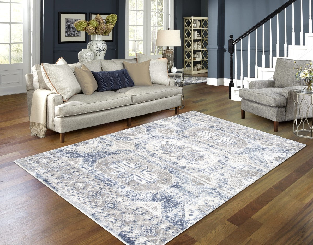 8x11 Grey and Blue Area Rug - Soft Non-Slip Living Room Rug for Bedroom, Dining Room, and Home Decor