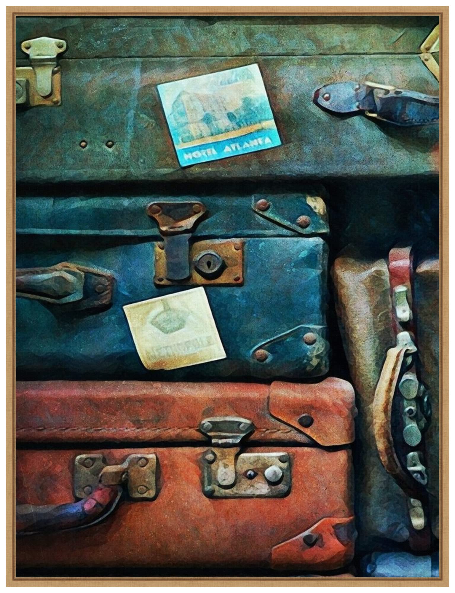 Vintage Stacked Suitcases Framed Canvas Wall Art Print by Ashley Aldridge - 23x30 Inches, Sylvie Maple Frame - Perfect for Living Room, Bedroom & Office Decor