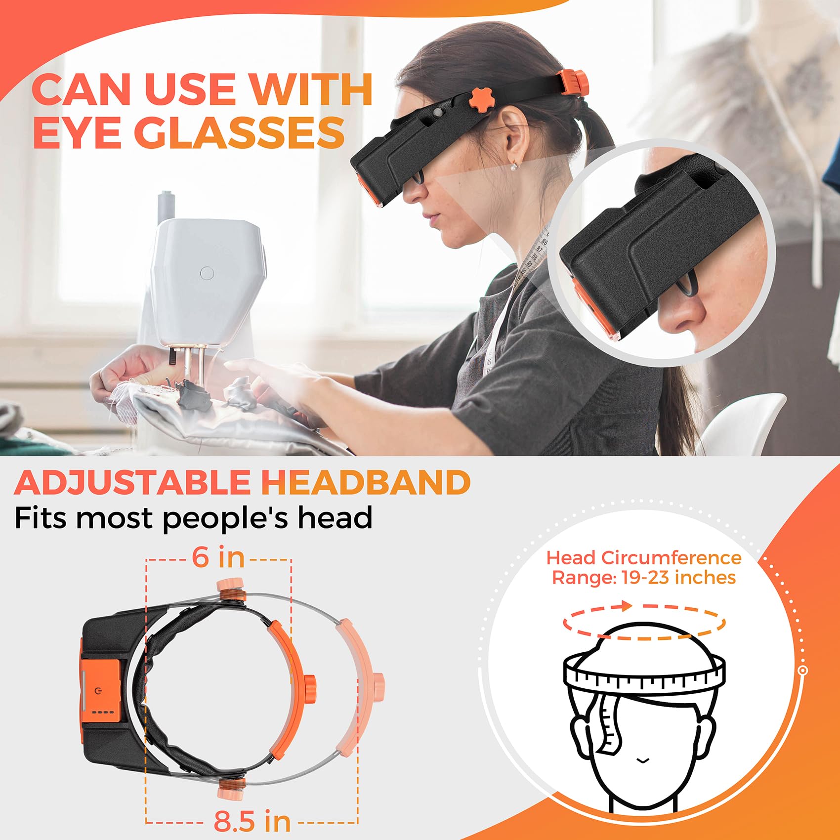 Rechargeable Headband Magnifier with LED Light - 1.5X to 3.5X Magnifying Glasses for Jewelry Making, Reading & Crafts - Hands-Free Magnifying Visor with 4 Interchangeable Lenses - Perfect for Watch Repair, Model Building & Detailed Hobbies
