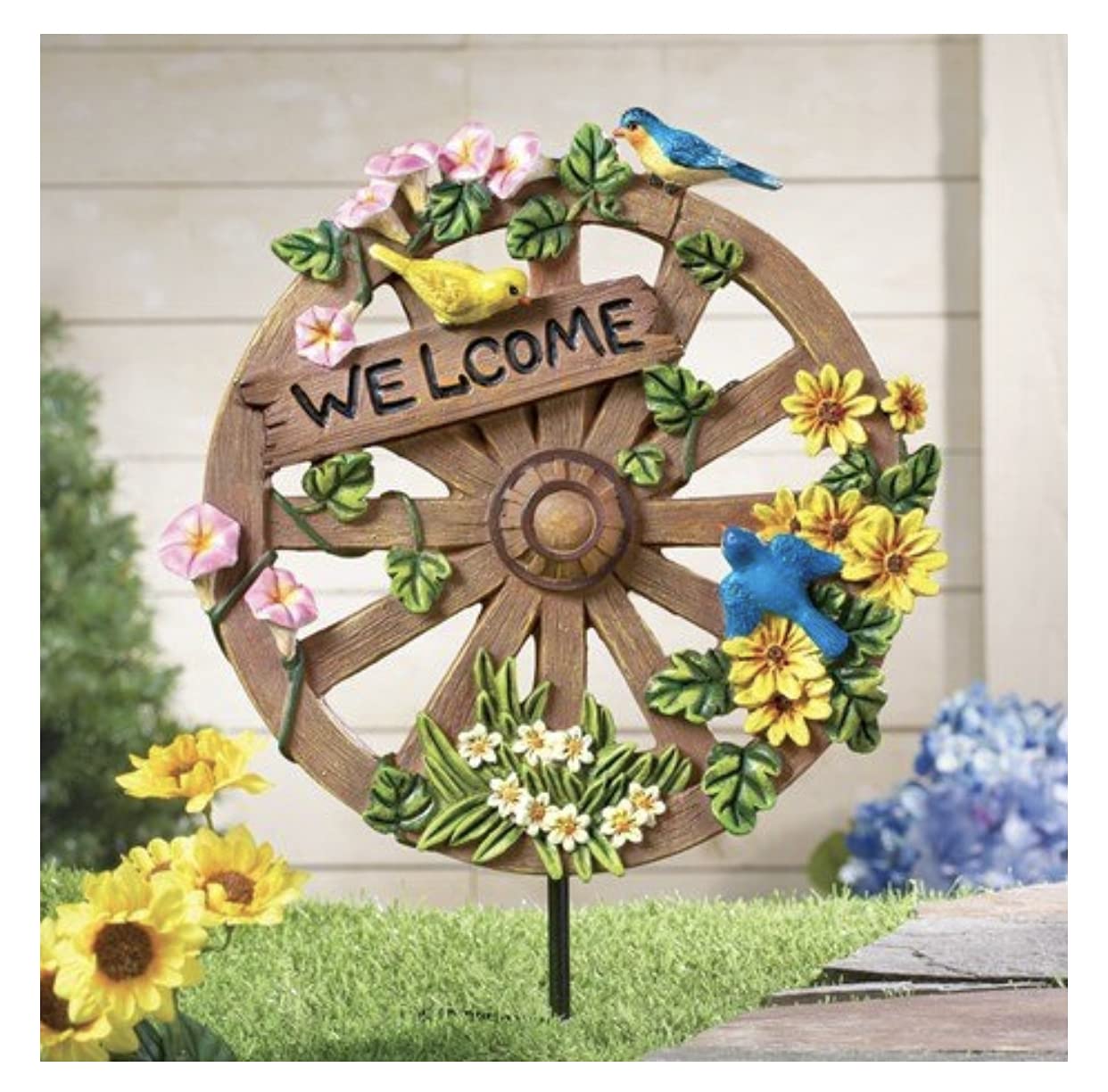Rustic Floral Wagon Wheel Decor - Vintage Spring Garden Yard Art for Outdoor Patio & Farmhouse Style Home Decor | Perfect for Porch, Lawn, and Countryside Wedding Decorations