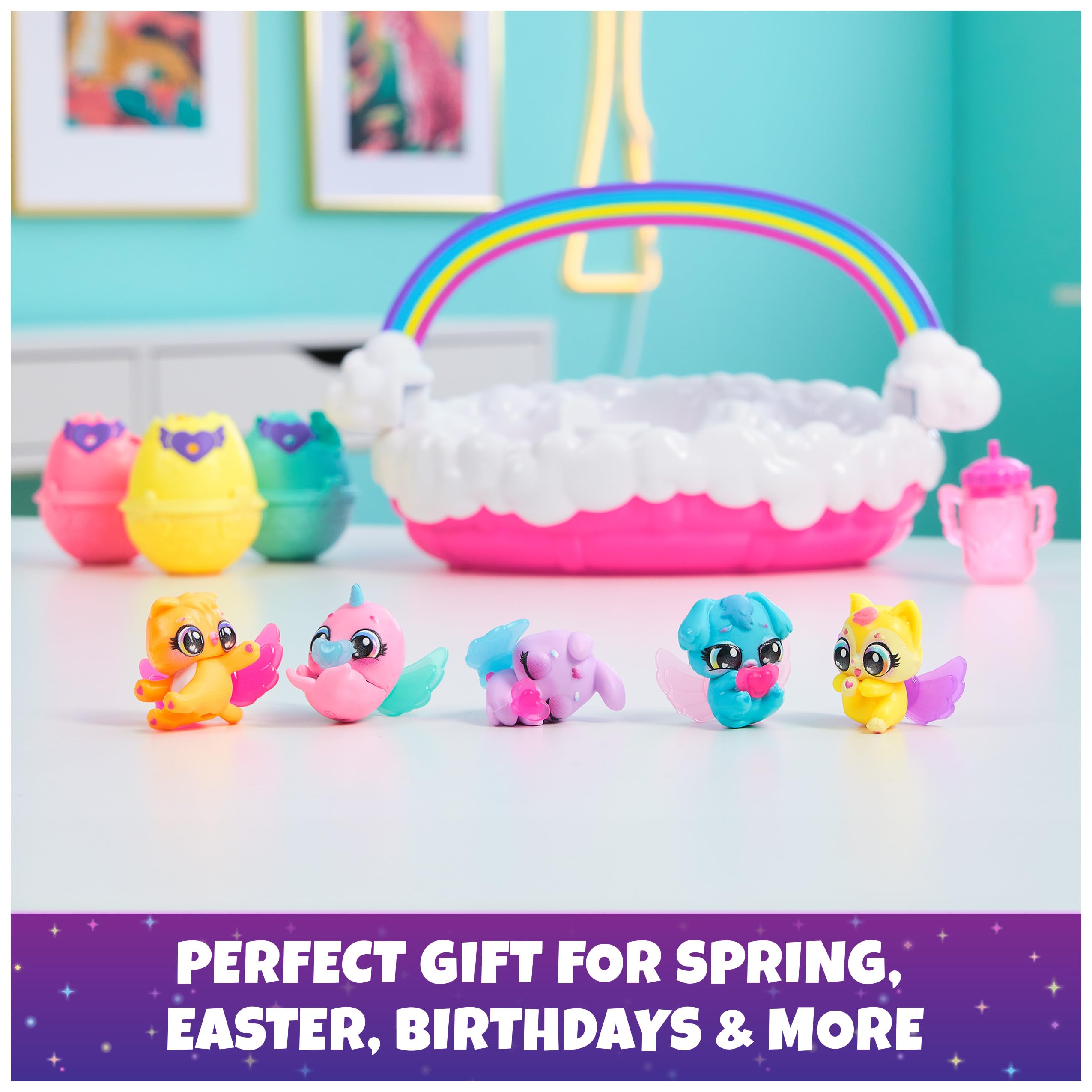 Hatchimals Alive Neon Rainbow Spring Basket Toy - 3 Self-Hatching Easter Eggs, Interactive Kids Toy for Girls & Boys Ages 3+ | Fun Birthday Gift & Easter Basket Stuffers for Toddlers | Perfect for Easter Celebrations, Playtime & Surprise Egg Hunts