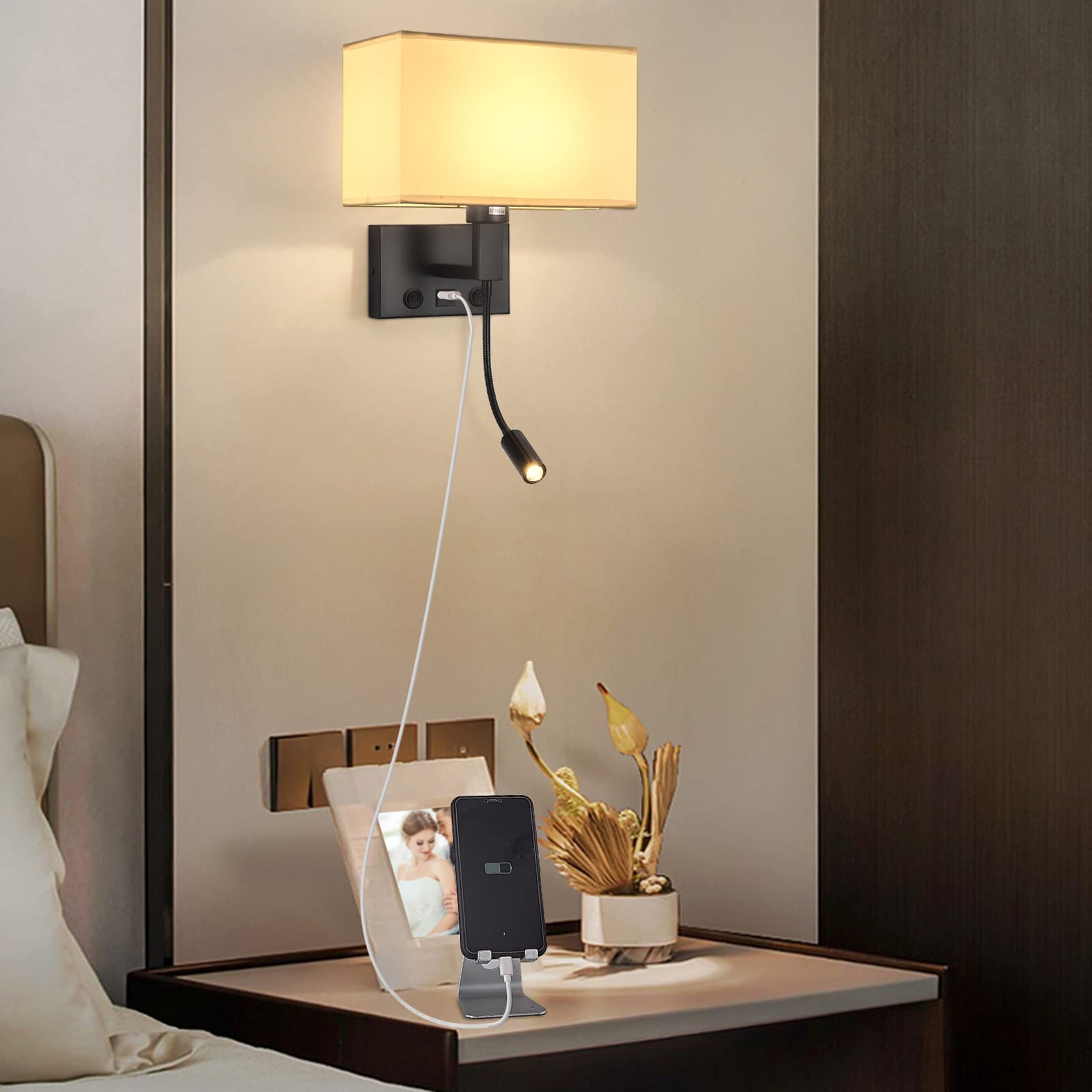 Black Hardwired Wall Sconce with USB Port & Adjustable Reading Light - Fabric Shade Bedside Lamp for Bedroom, Living Room, Hotel & Corridor - Perfect for Night Reading and Charging Devices (Black)