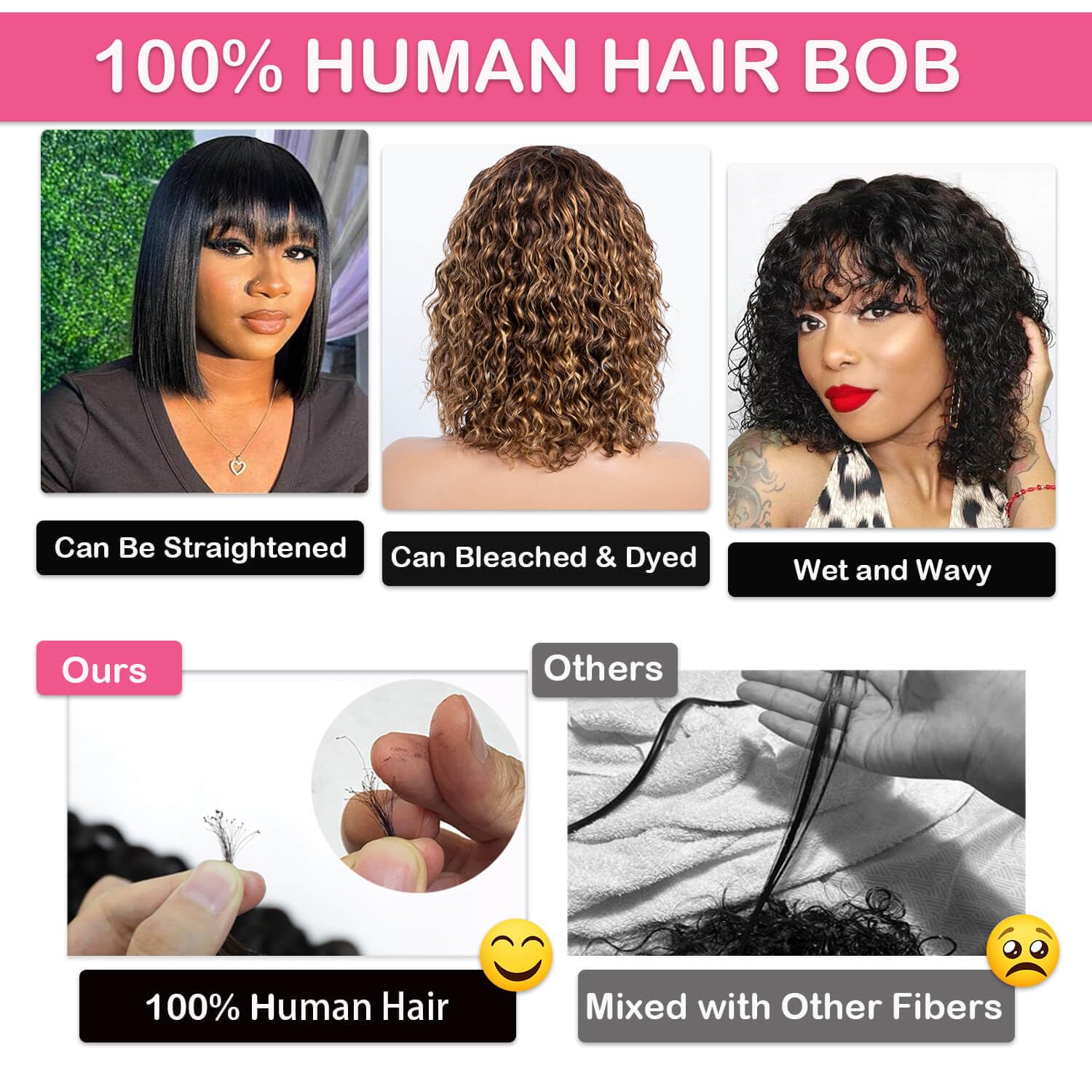 100% Brazilian Virgin Human Hair Wig - Glueless Short Water Wave Bob with Bangs for Black Women | 180% Density No Lace Wavy Bang | 12 Inch Natural Black | Perfect for Daily Wear, Cosplay & Protective Styling