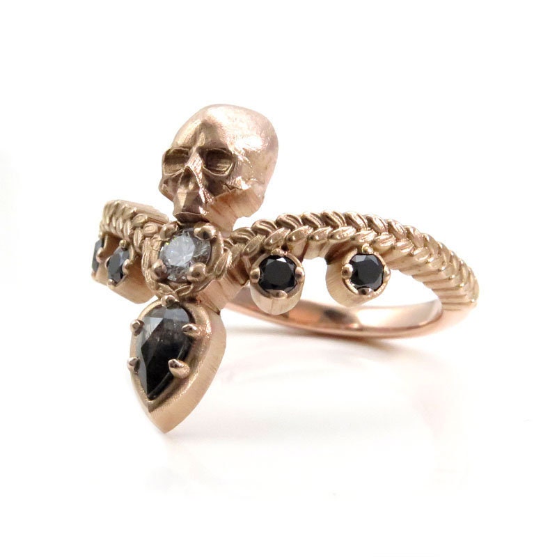 14K Rose Gold Catacomb Skull Ring with Salt & Pepper & Black/White Diamonds - Custom Pear Diamond Choice - Gothic Jewelry for Men & Women, Perfect for Halloween, Punk Fashion & Edgy Style