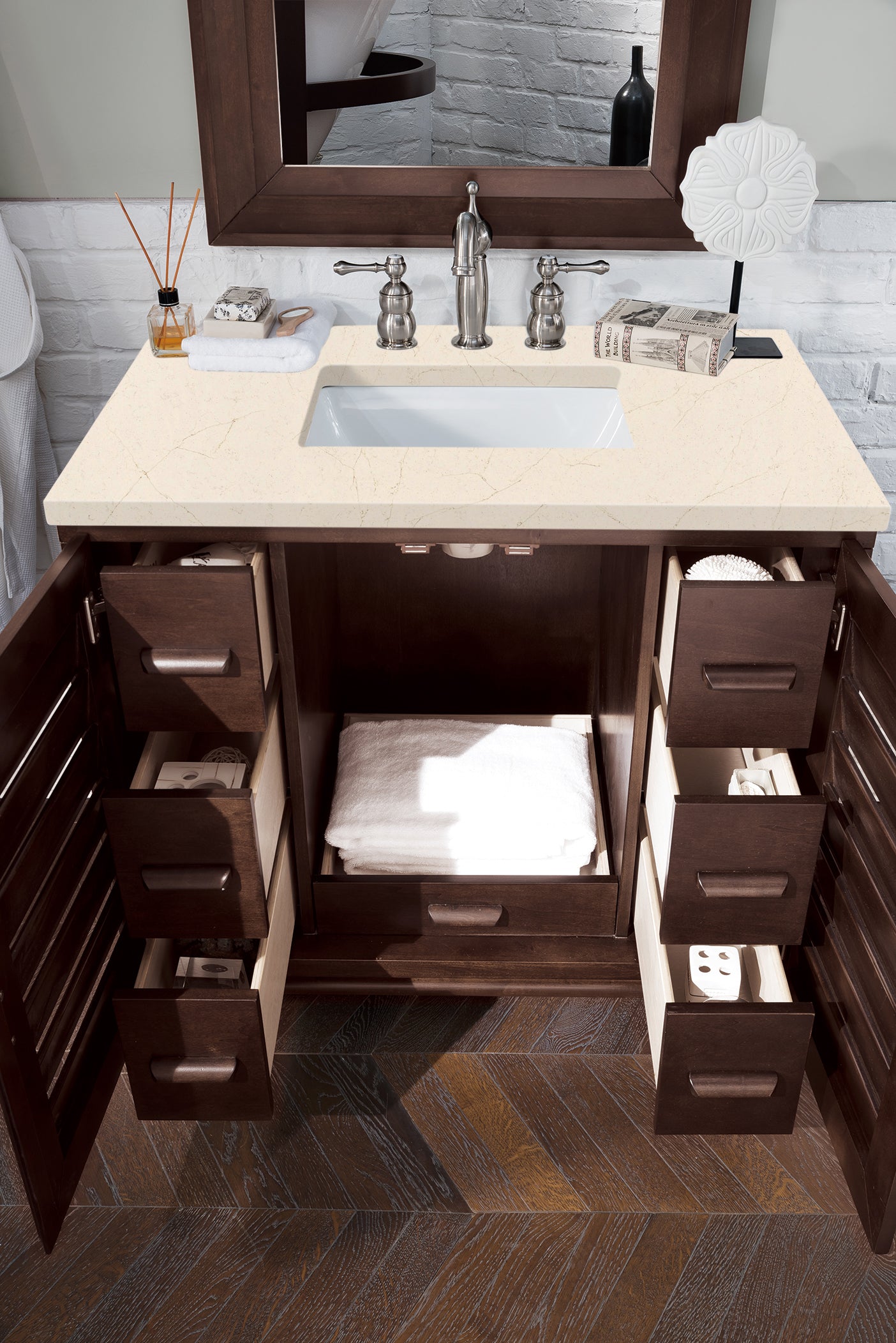 Portland 36 Inch Single Bathroom Vanity with Burnished Mahogany Finish & 3CM Eternal Marfil Quartz Countertop - Perfect for Modern Home Bathroom Renovation