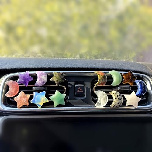 Natural Quartz Crystal Star Moon Car Vent Clips - Tiger's Eye & Crystal Decor for Car Air Vent, Auto Accessories & Unique Car Gifts | Perfect for Car Interior Decoration, Feng Shui Enhancement & Spiritual Protection While Driving
