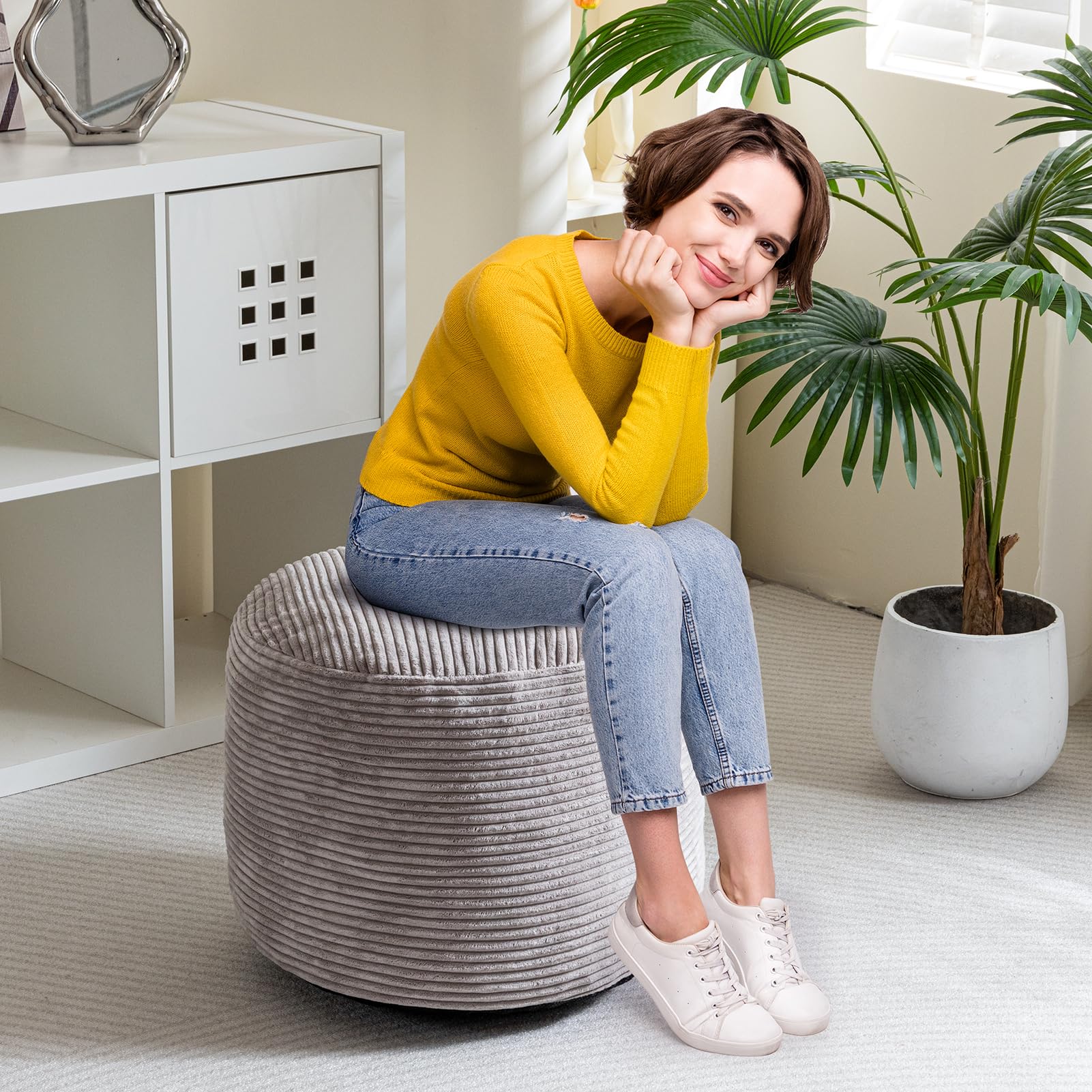 MAXYOYO Round Stuffed Pouf Ottoman - Corduroy Foam-Filled Footrest, 20 x 15 Inches, Grey | Perfect for Living Room, Bedroom & Nursery Decor