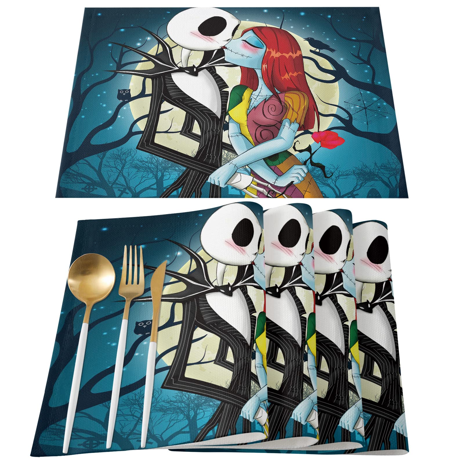4Pcs Christmas Placemats Set - Skellington Jack and Sally Themed, Heat Resistant & Washable Table Mats for Kitchen Dining - Perfect for Holiday Decorations, Dinner Parties & Nightmare Before Christmas Fans