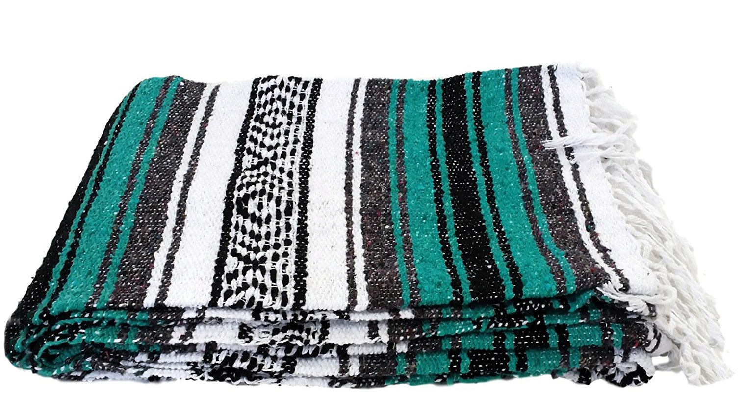 Authentic Mexican Serape Falsa Blanket - Handwoven Cotton Throw - Teal Blue Striped Design - Perfect for Beach, Picnic, Sofa & Home Decor