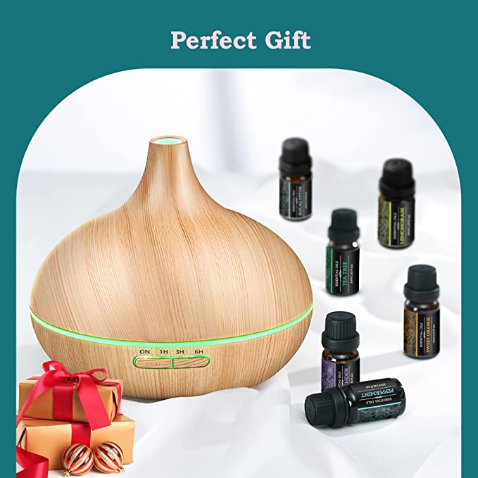 Best Aromatherapy Essential Oil Diffuser 500ml with 6 x 10ml Essential Oils Set - Perfect for Home, Office, Yoga & Spa Relaxation