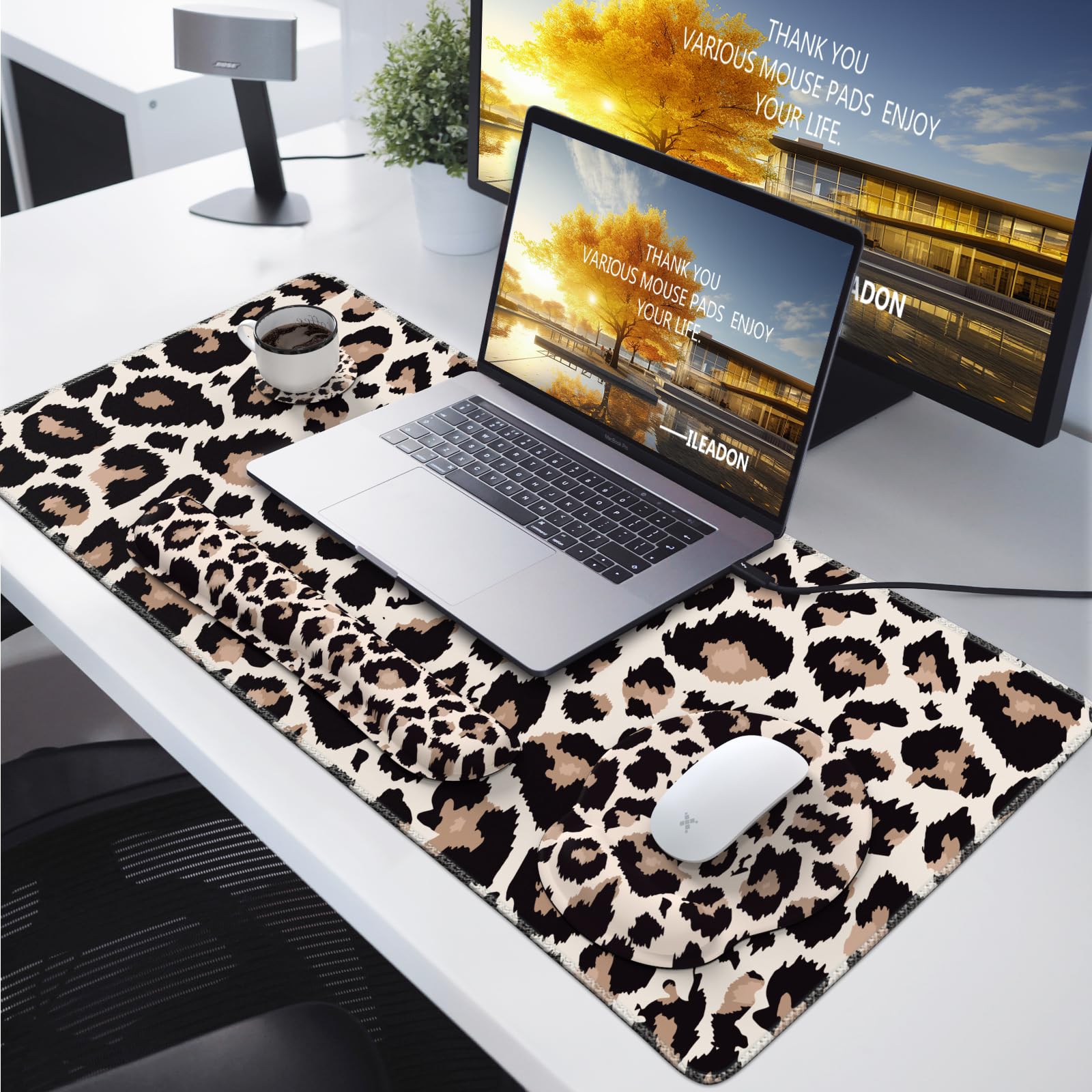 iLeadon 4-in-1 Leopard Mouse Pad Set - Desk Mat with Wrist Rest, Keyboard Wrist Rest & Coaster - Ergonomic Office Accessories for Home & Work (Classic Leopard Print) - Perfect for Gaming, Typing & Computer Workstations