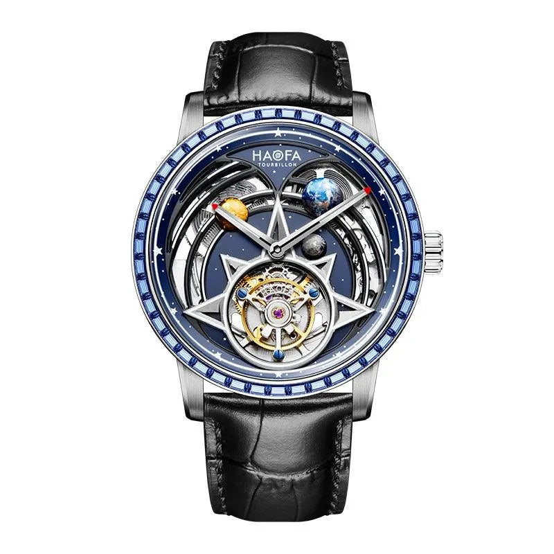 Haofa Men's Automatic Zircon Bezel Flying Tourbillon Watch with Luminous Universe Dial & Double Spring Drive - Luxury Interstellar Design for Business, Formal Events & Collectors (Model 2269)