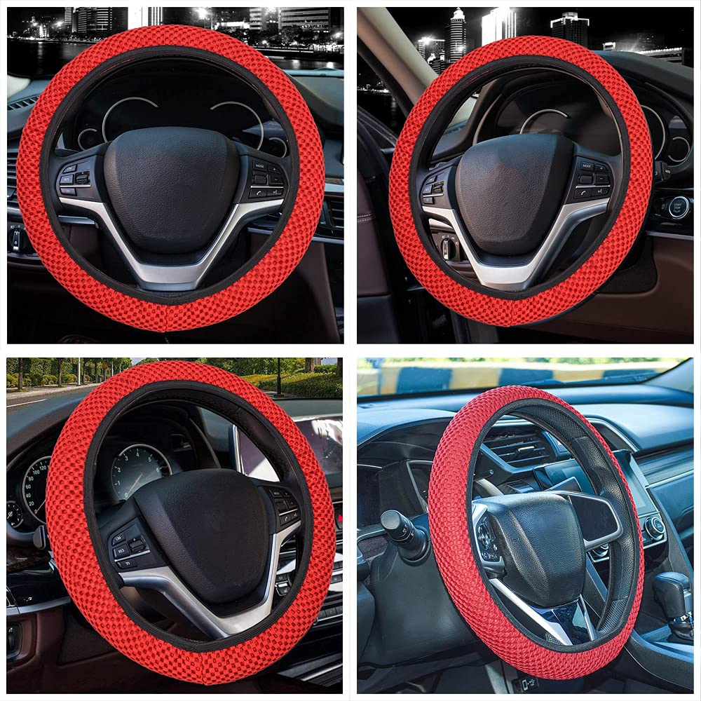 Breathable Ice Silk Elastic Stretch Steering Wheel Cover - Soft, Non-Slip, Universal Fit for 15 Inch Wheels (Red) | Perfect for Summer Driving, Car Interior Protection & Enhanced Grip