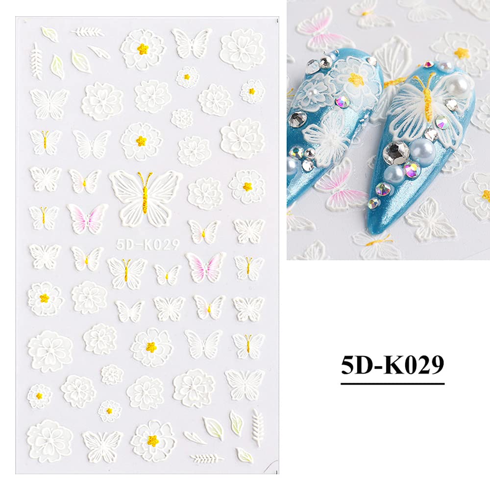 5D 3D Flower Nail Art Stickers - Embossed Lace Butterfly Nail Decals with Stereoscopic Engraved Patterns for Spring Summer Nail Decorations (Black & White) | DIY Manicure, Salon Nail Design, Party & Wedding Nail Art