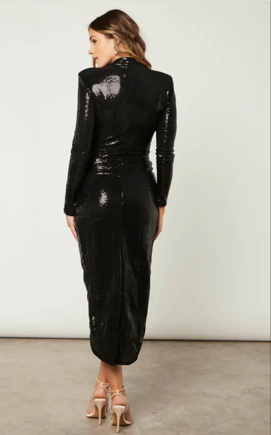 Christina Sequin Faux Wrap Midi Dress for Women - Elegant Black Evening Party Dress for Cocktail, Prom, Wedding Guest & Special Occasions