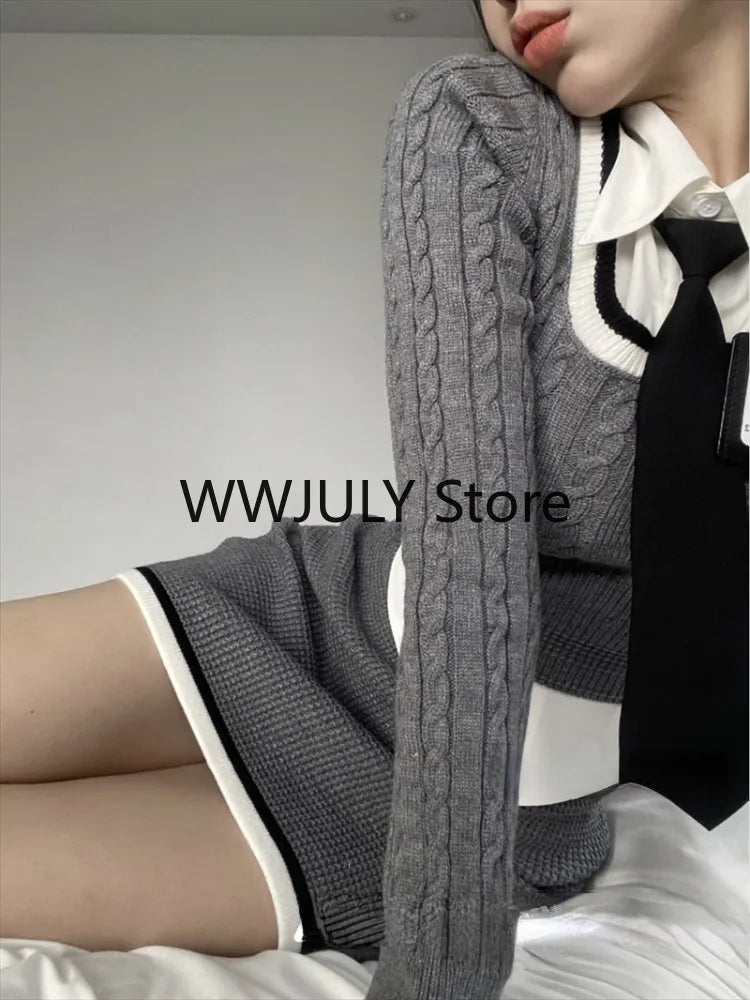 Y2K Fashion Knitted Suit for Women - Crop Top Sweater + Casual Shirt + Slim Bodycon Mini Skirt | Korean 3-Piece Outfit Set | 2024 Fall Winter Trendy Outfit for Dating, Party & Streetwear