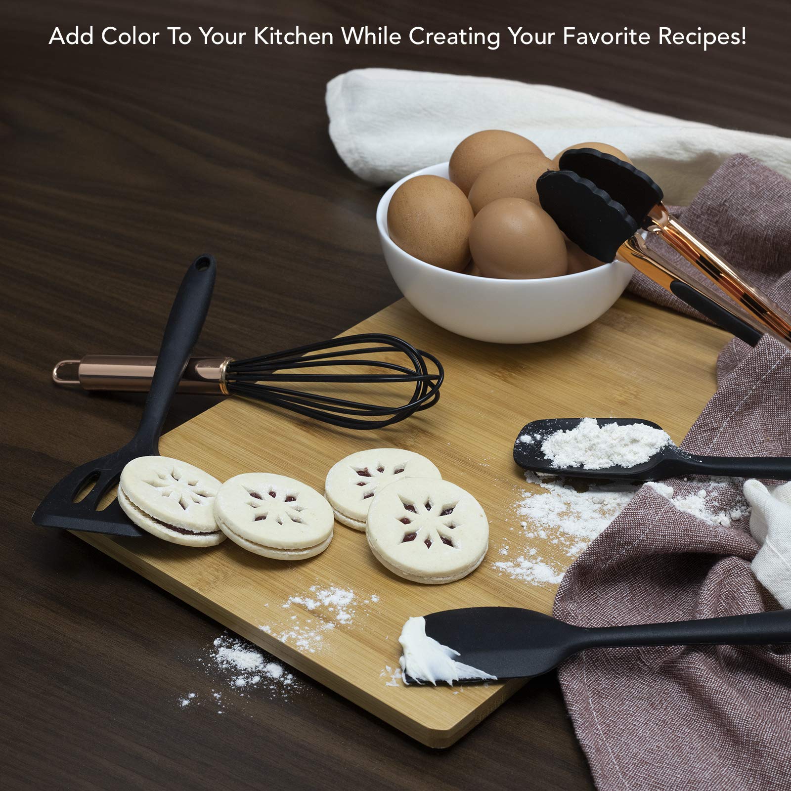 COOK WITH COLOR Silicone Cooking Utensils Set - Easy to Clean Kitchen Gadgets for Nonstick Cookware, Mini Black Utensils for Baking, Frying, and Everyday Cooking