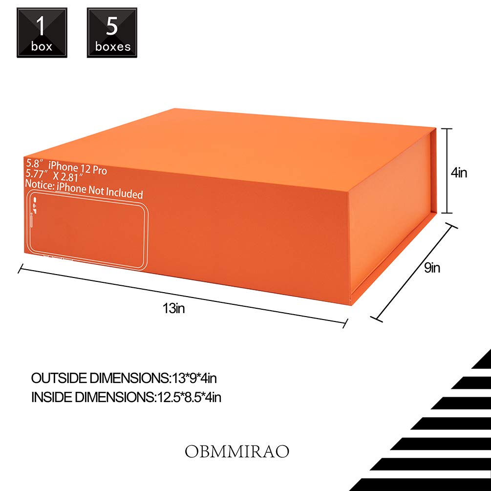 5PCS 13x9x4 Inch Orange Magnetic Gift Boxes with Lid - Foldable Hard Large Storage Box for Groomsman & Bridesmaid Proposals, Clothes, Jewelry | Reusable Wedding, Birthday, Anniversary Gift Packaging