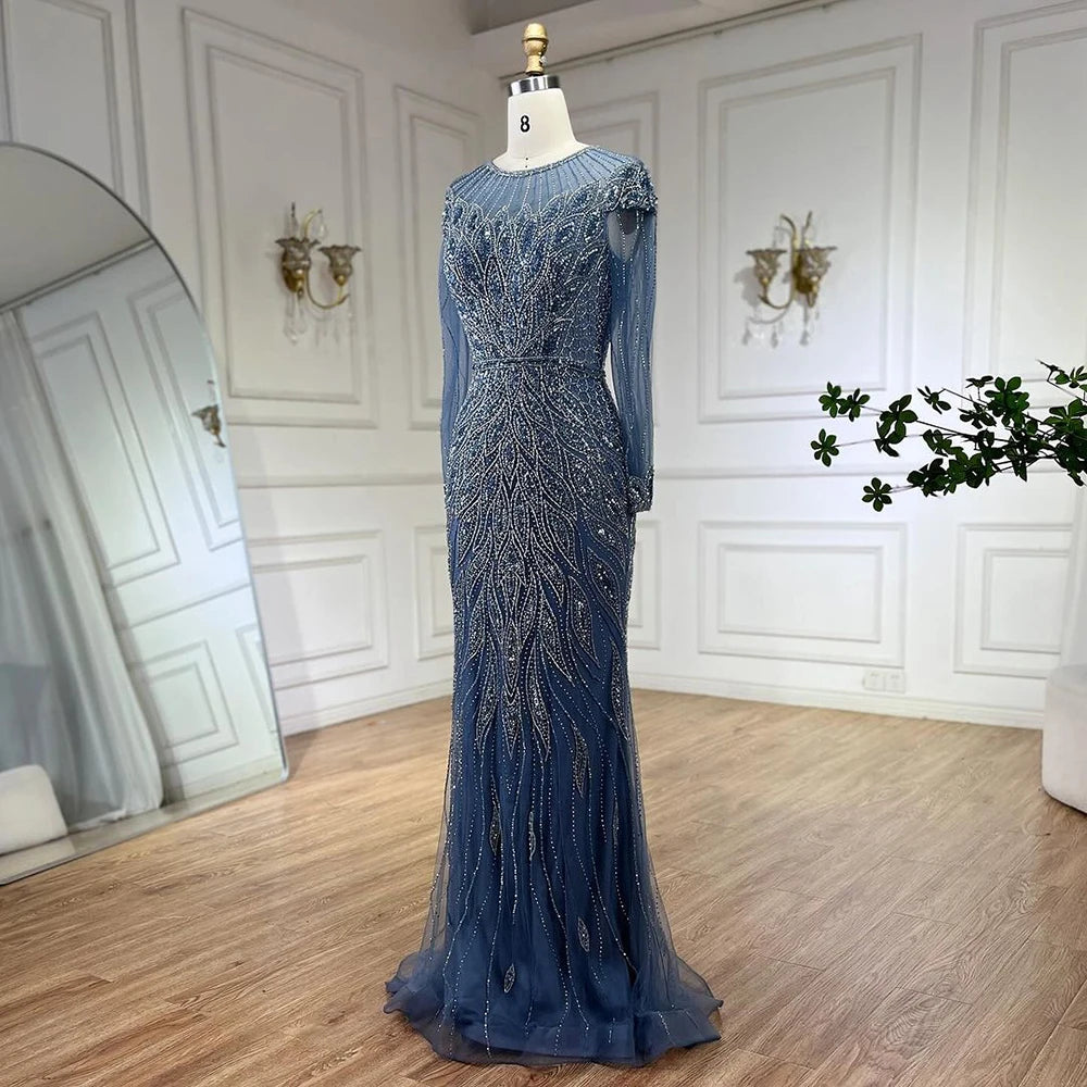 Serene Hill Muslim Blue Mermaid Luxury Beaded Dubai Long Evening Dresses for Women - Elegant Wedding Party Gowns 2025 LA71999L | Perfect for Formal Events, Red Carpet & Special Occasions