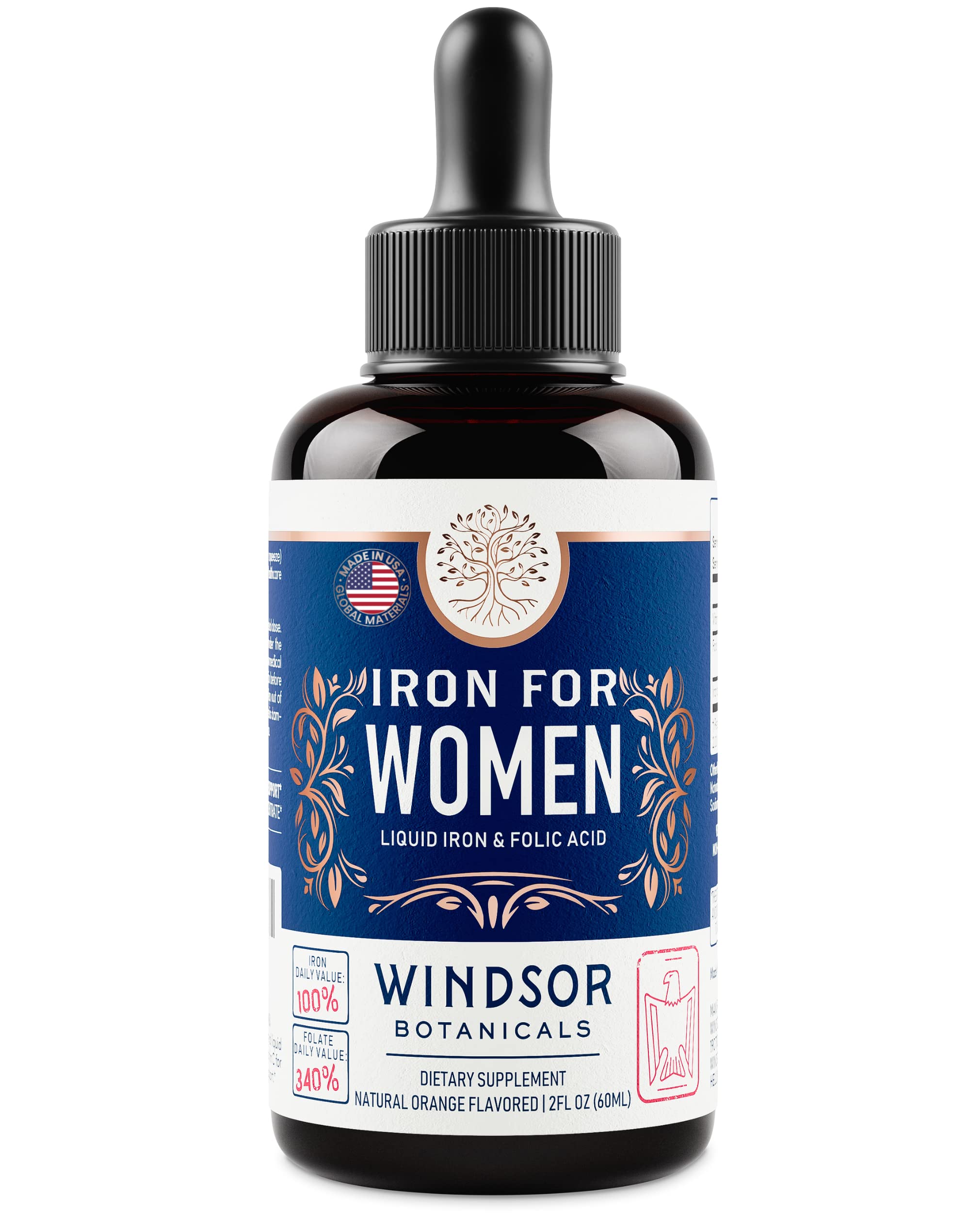 WINDSOR BOTANICALS Liquid Iron Supplement for Anemia with Folic Acid & Vitamin C - Vegan Blood Builder & Gentle Iron Drops for Women - 2 oz Orange Flavor - Supports Energy & Healthy Blood Circulation - Perfect for Pregnancy, Fatigue & Iron Deficiency