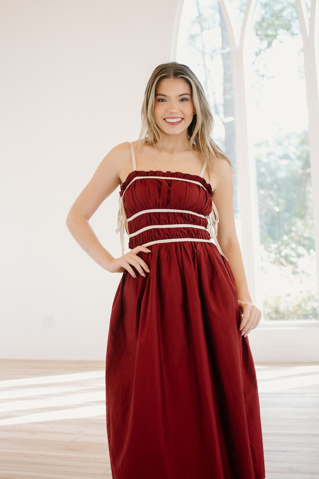 Elegant Burgundy Poplin Tie Detail Midi Dress for Women | Office Wear, Cocktail Party & Special Occasions