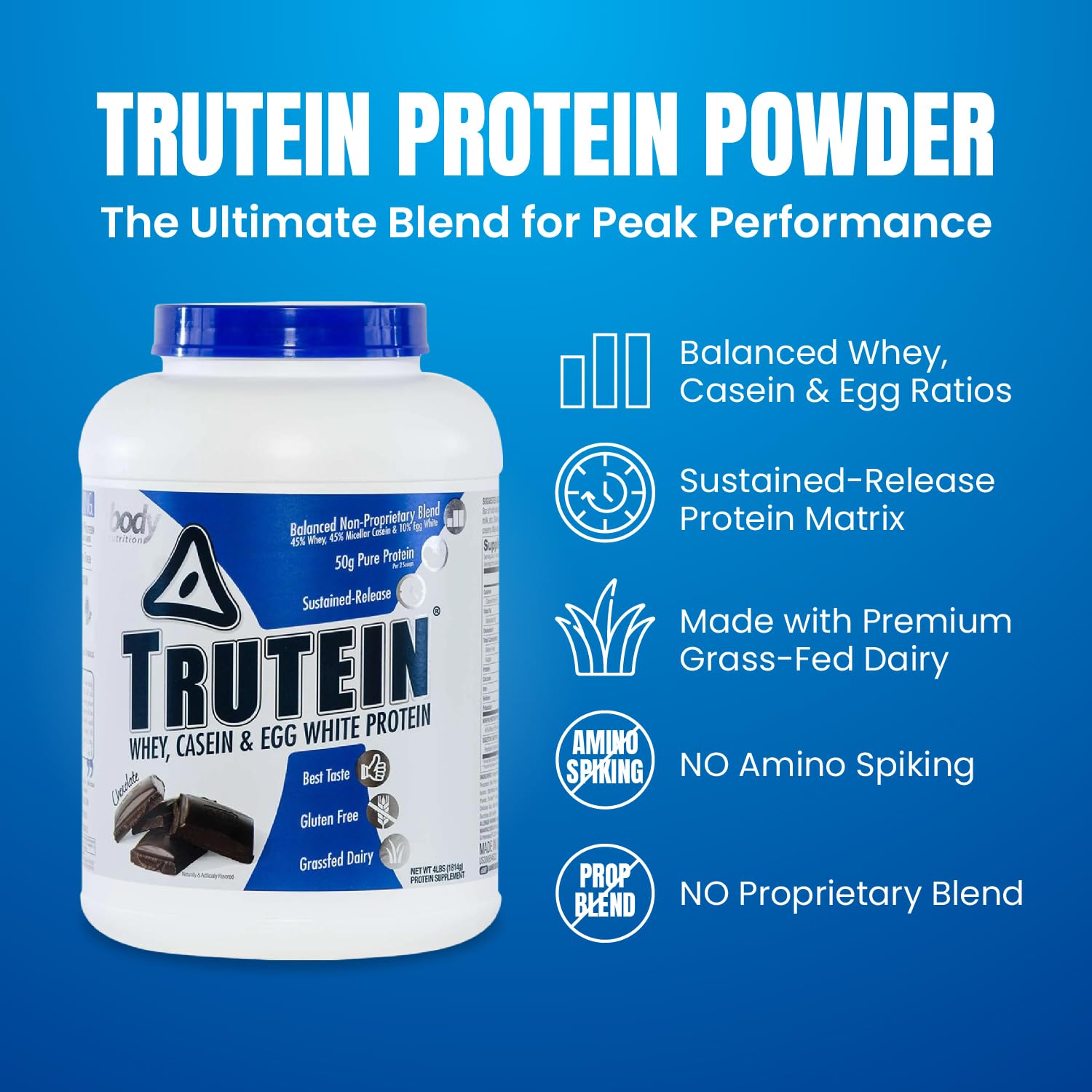 Trutein High Protein Powder - 45% Whey, 45% Casein, 10% Egg White | Gluten-Free, Low Sodium, Grass-Fed Whey Protein | Gym Supplement & Post-Workout Recovery | Chocolate Flavor, 4lb | Perfect for Muscle Building, Weight Loss & Healthy Breakfast Smoothies