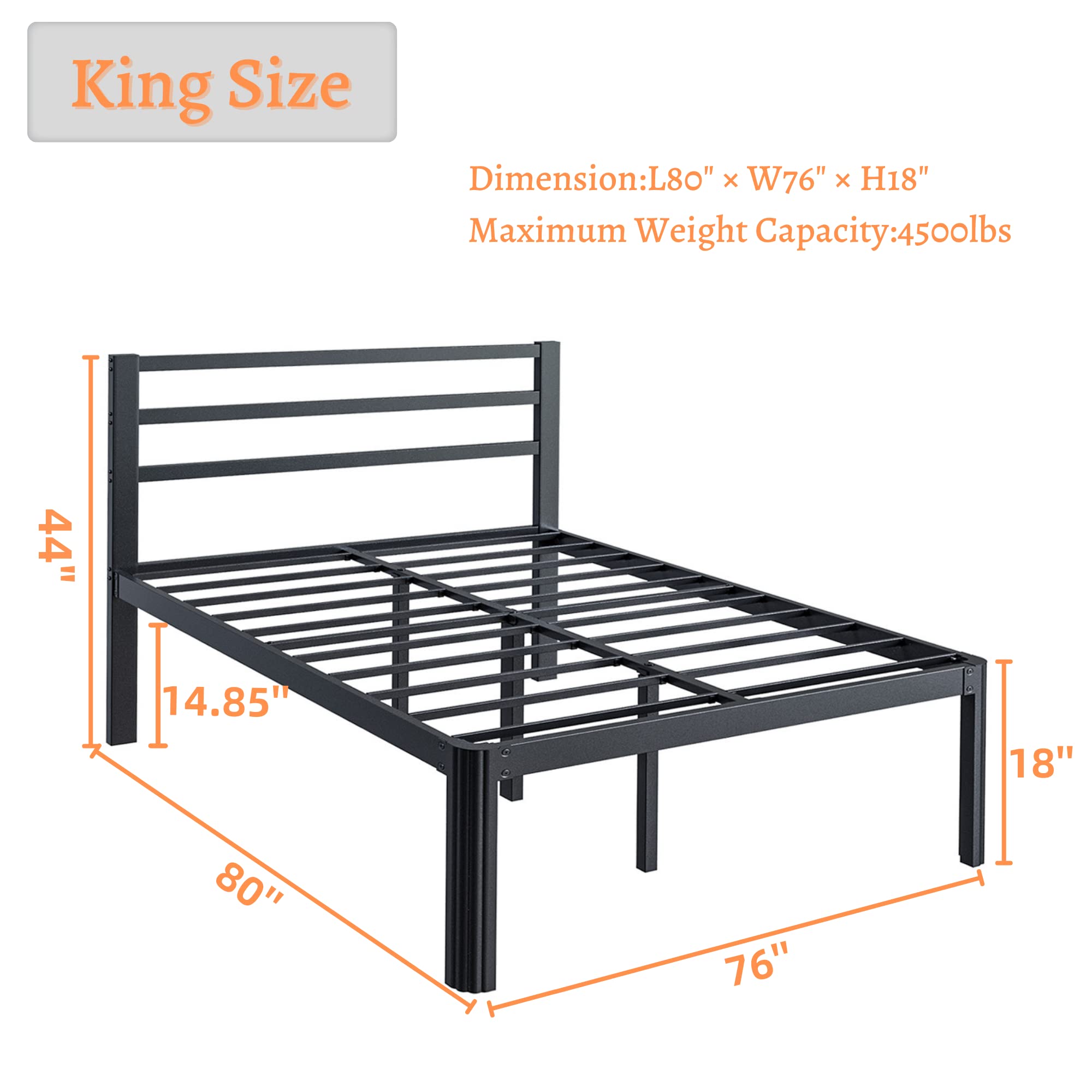 **King Size Bed Frame with Headboard - 18 Inch Heavy Duty Metal Platform Bed, No Box Spring Needed, Sturdy Mattress Foundation, Noise Free & Easy Assembly, Black - Perfect for Master Bedroom & Guest Room**
