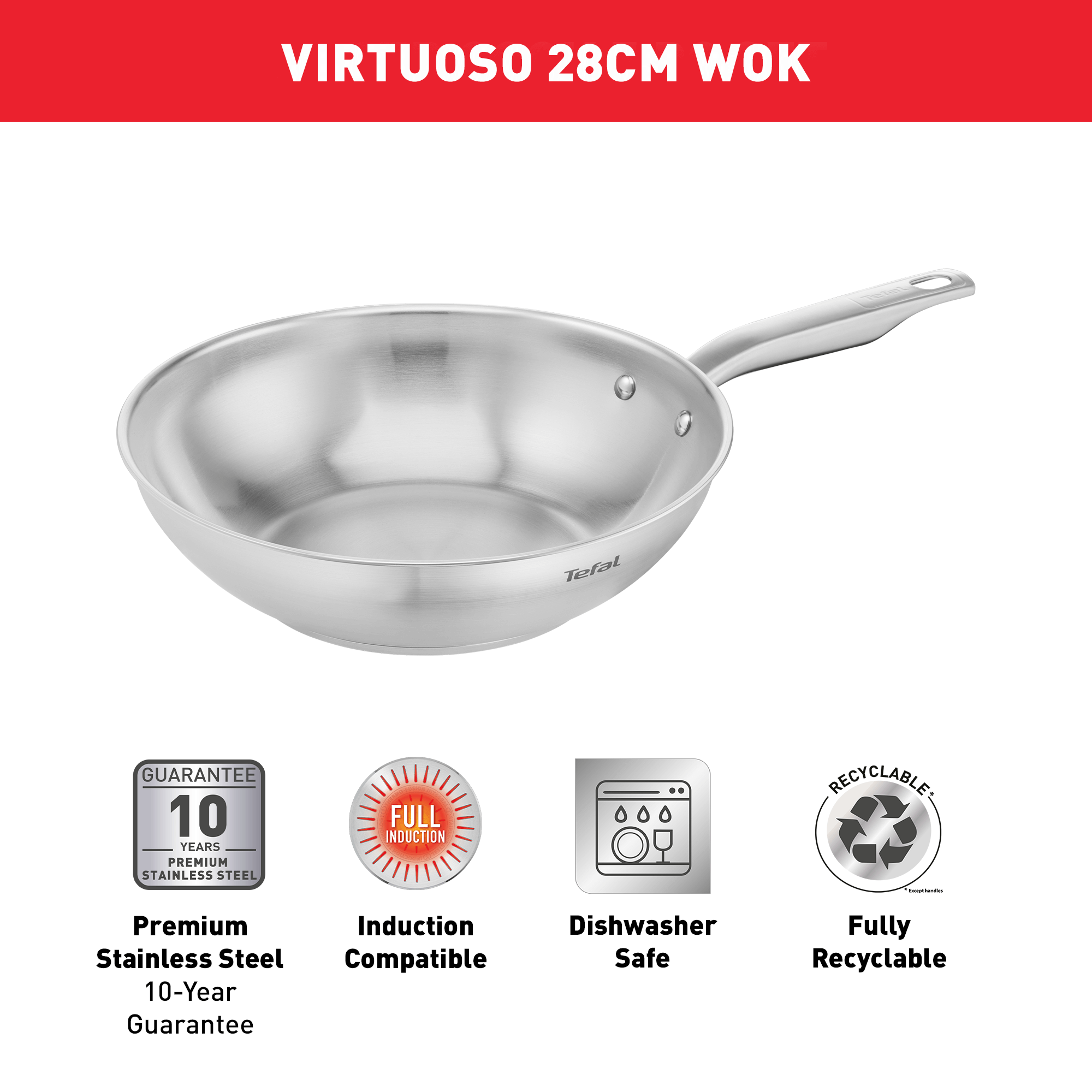 Tefal Virtuoso 28cm Stainless Steel Induction Wok Pan - Uncoated Professional Cookware for Stir-Frying, Sautéing & Asian Cuisine