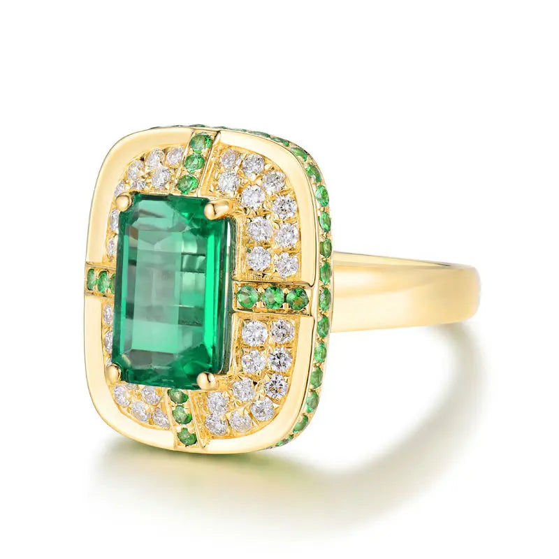 18KT Gold Ring with Green Emerald and Diamonds for Women – Elegant Wedding & Engagement Jewelry – Perfect for Bridal, Anniversary, and Special Occasion Gifts