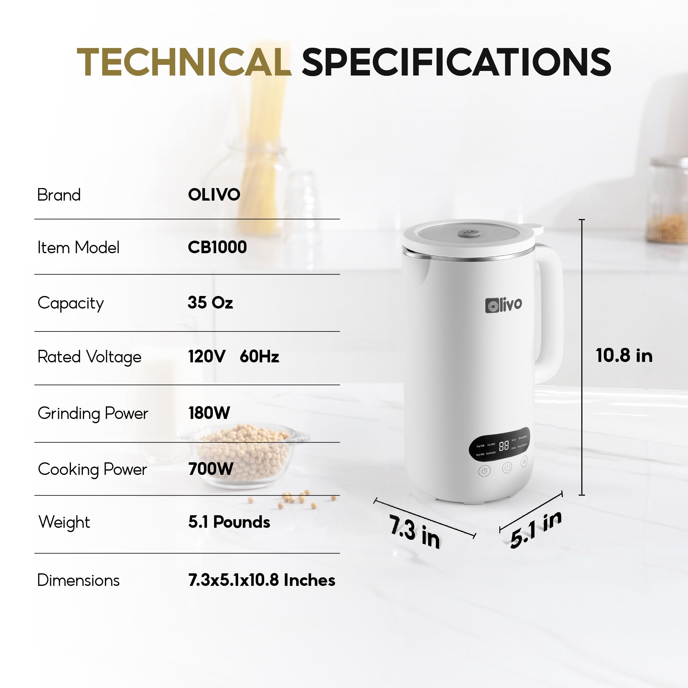 OLIVO CB1000 Automatic Nut Milk Maker Machine - 9-in-1 Almond, Cashew, Soy & Oat Milk Maker with 304 Stainless Steel - Smoothie Blender & Soup Maker - 35oz Capacity, Safety Sensor, Spill-Proof Design - Perfect for Vegan, Keto & Healthy Lifestyles (White)