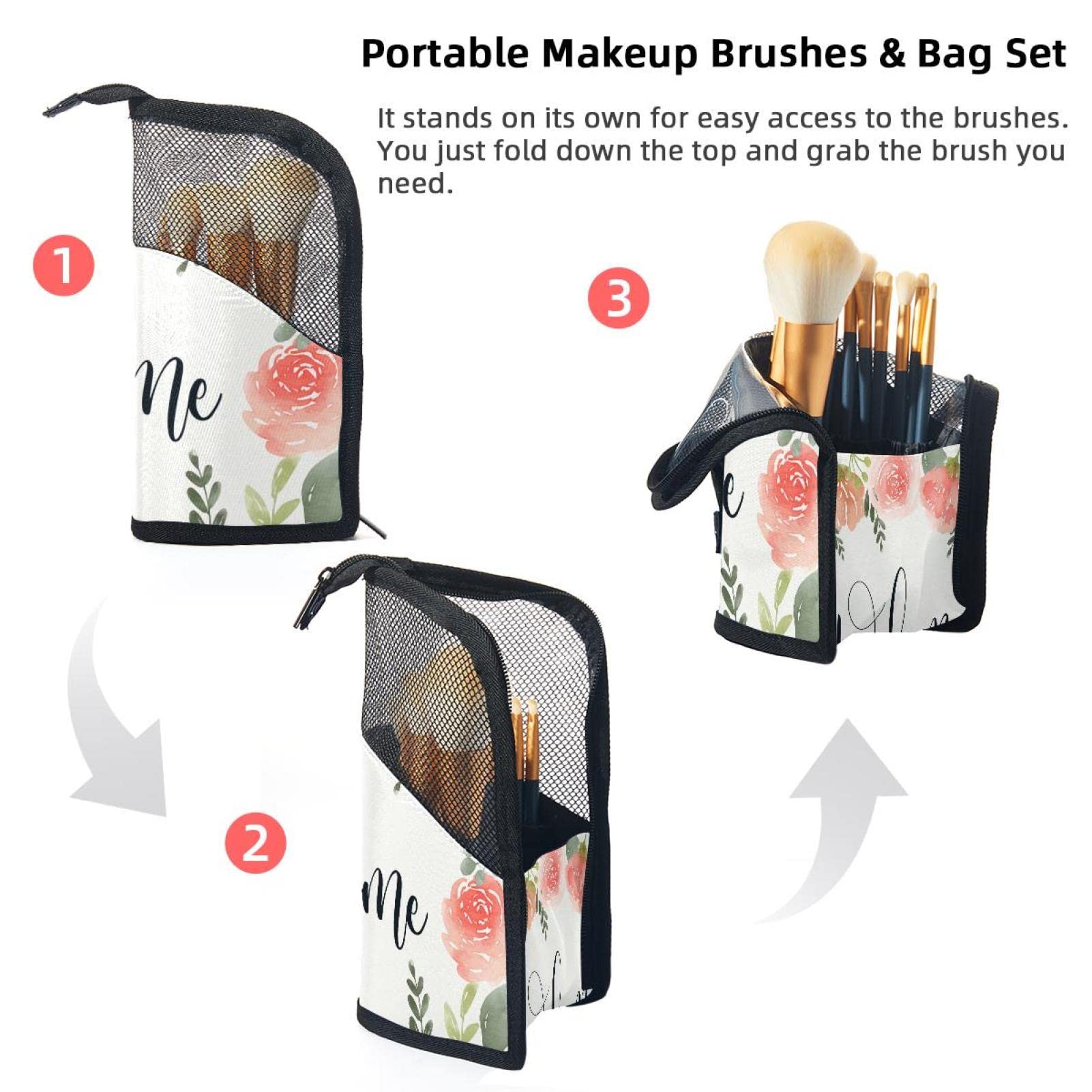 12-Piece Makeup Brush Set with Floral Organizer Bag - Portable Travel Cosmetic Brush Holder Case for Professional & Home Makeup Application