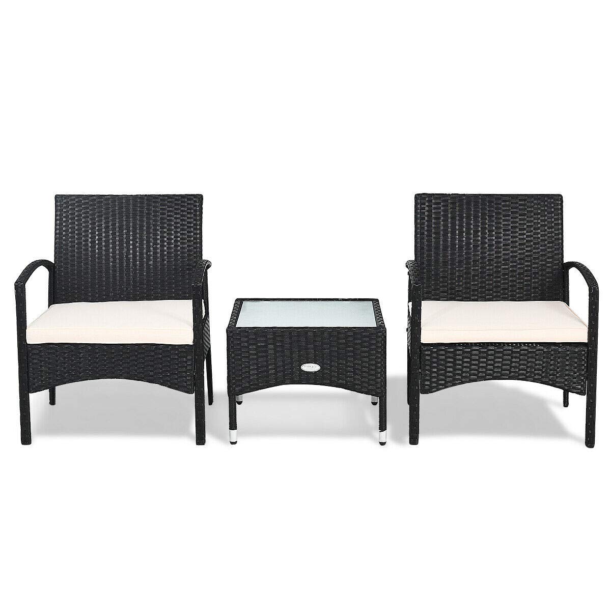 3-Piece Patio Wicker Rattan Furniture Set with Thick White Cushions - Outdoor Lounge Chairs for Poolside, Garden, Backyard & Patio - Weather-Resistant Rattan Sofa Set for Relaxing in Sun or Shade