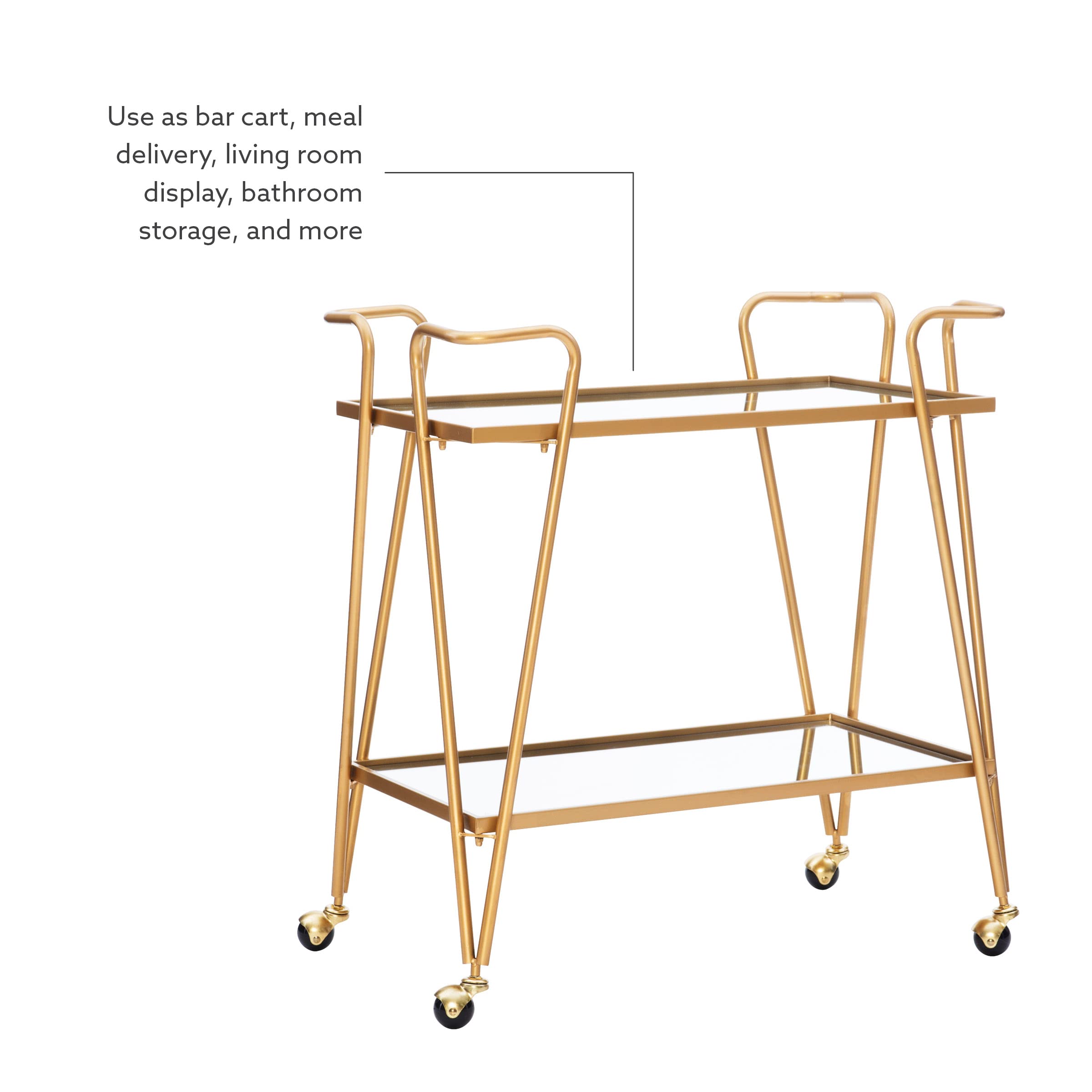 Linon Gina Mid-Century Bar Cart with Wheels - Gold Metal Rolling Drink Cart for Home Bar, Living Room, Kitchen & Outdoor Entertaining