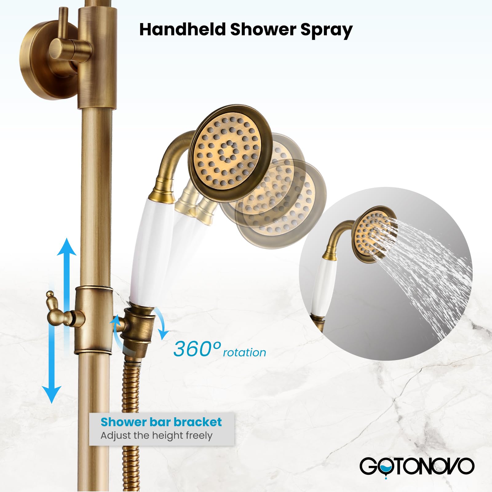 Gotonovo 8 Inch Antique Brass Exposed Shower Faucet System - Wall Mounted Double Cross Handle with Adjustable Rain Shower Head & Handheld Sprayer, 2 Functions & Built-in Shelf | Perfect for Vintage Bathroom Renovation & Spa-Like Shower Experience