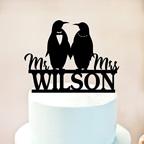 Custom Penguin Wedding Cake Topper - Personalized Mr & Mrs Silhouette Topper for Anniversary, Birthday, and Special Occasions - Perfect for Animal-Themed Cakes and Desserts
